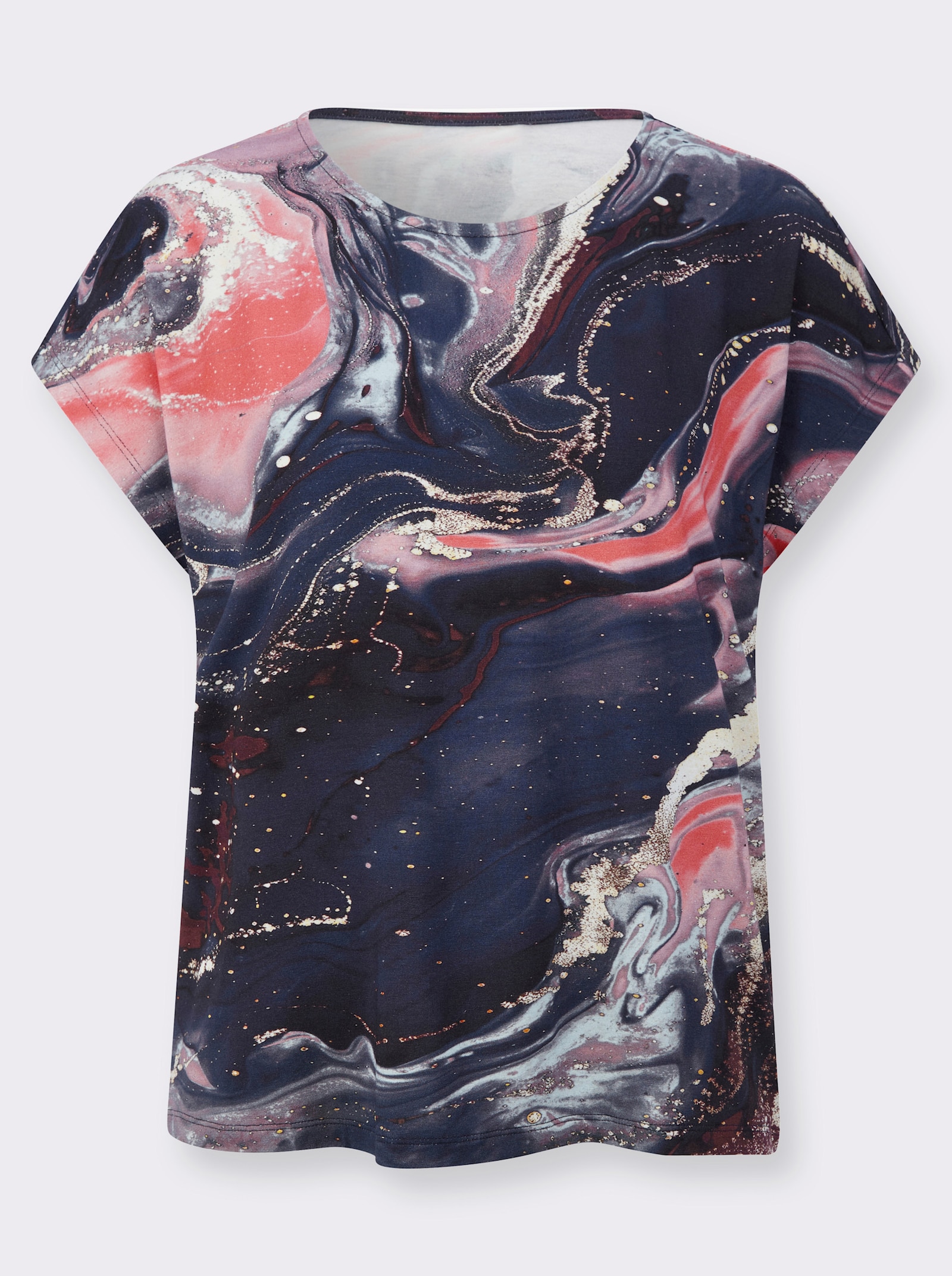 Kurzarmshirt mit überschnittenen Schultern - marine-koralle-bedruckt