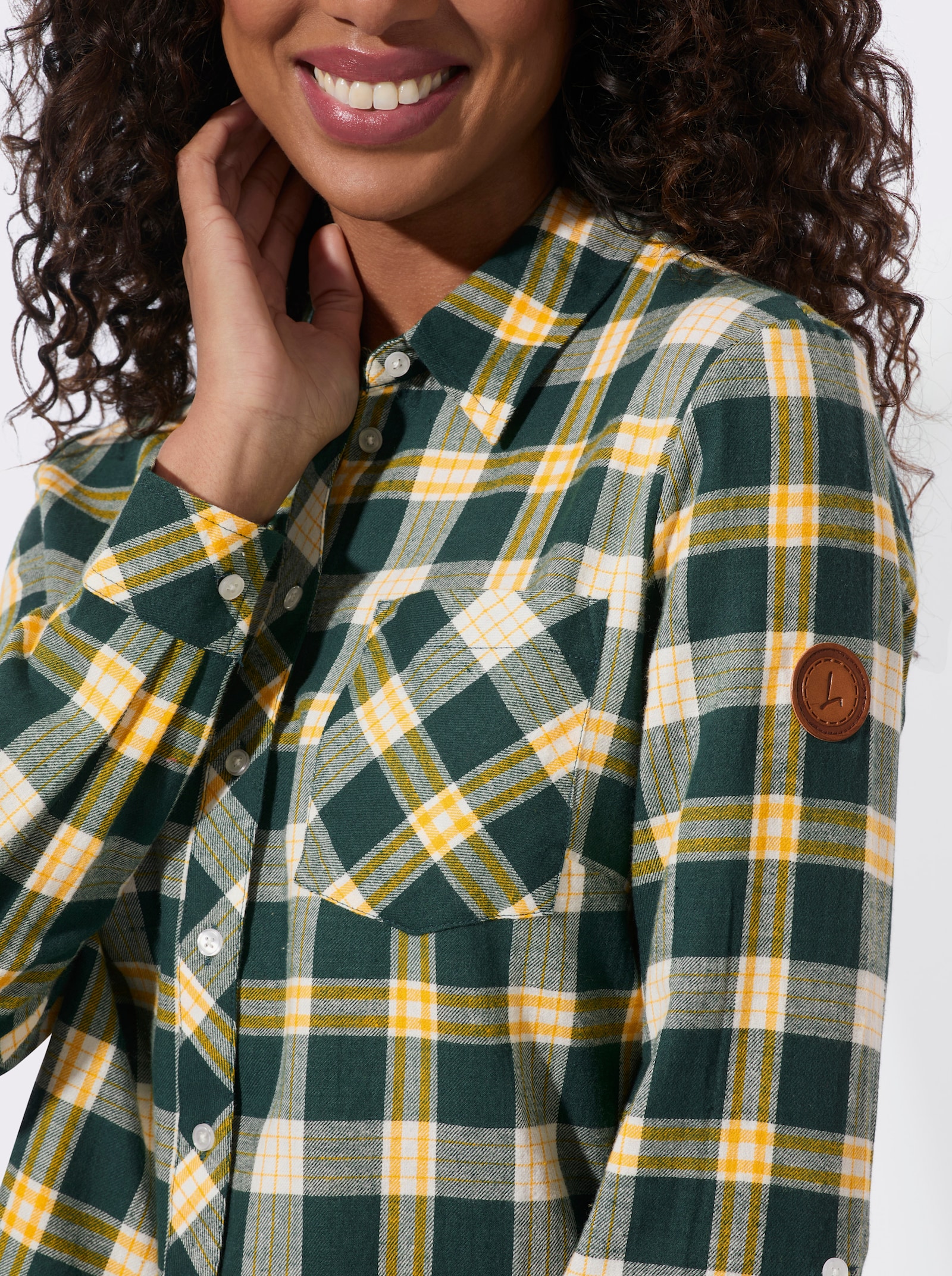  Flanellbluse mit abgerundetem Saum - moos-ecru-kariert