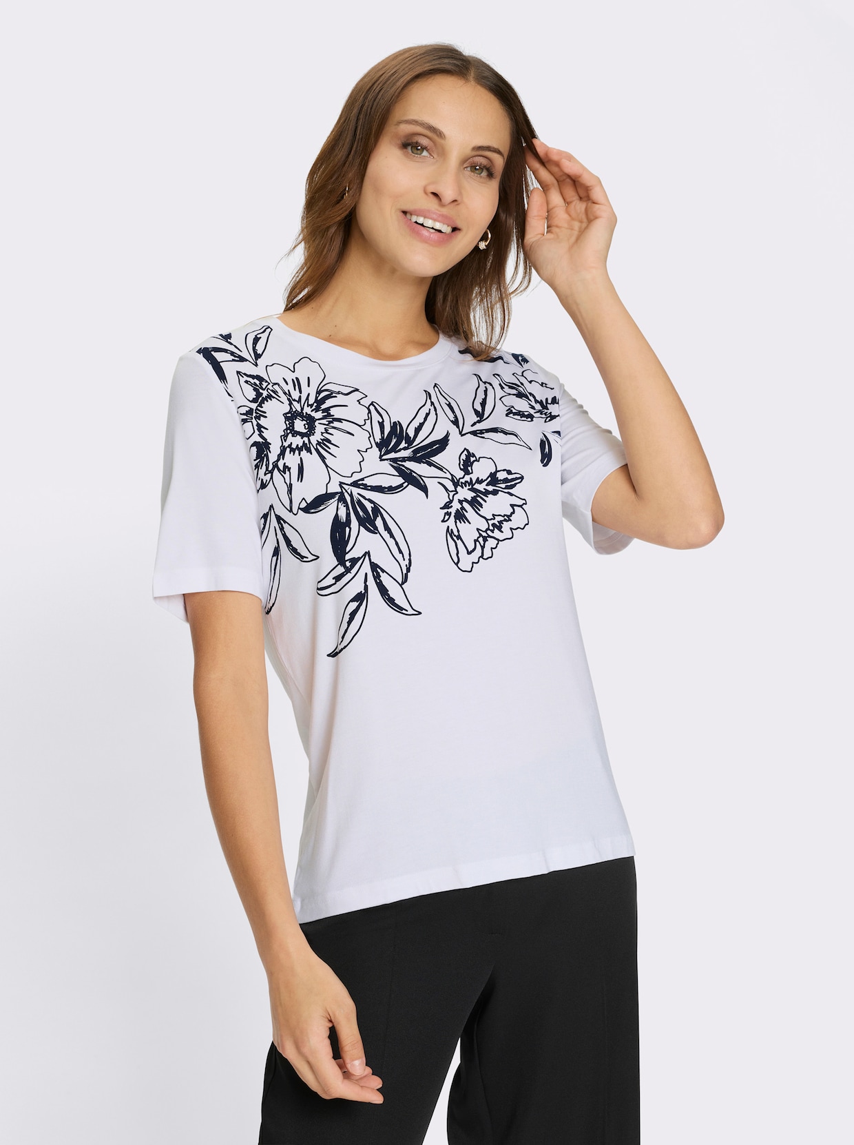 Kurzarmshirt - weiß-marine-bedruckt