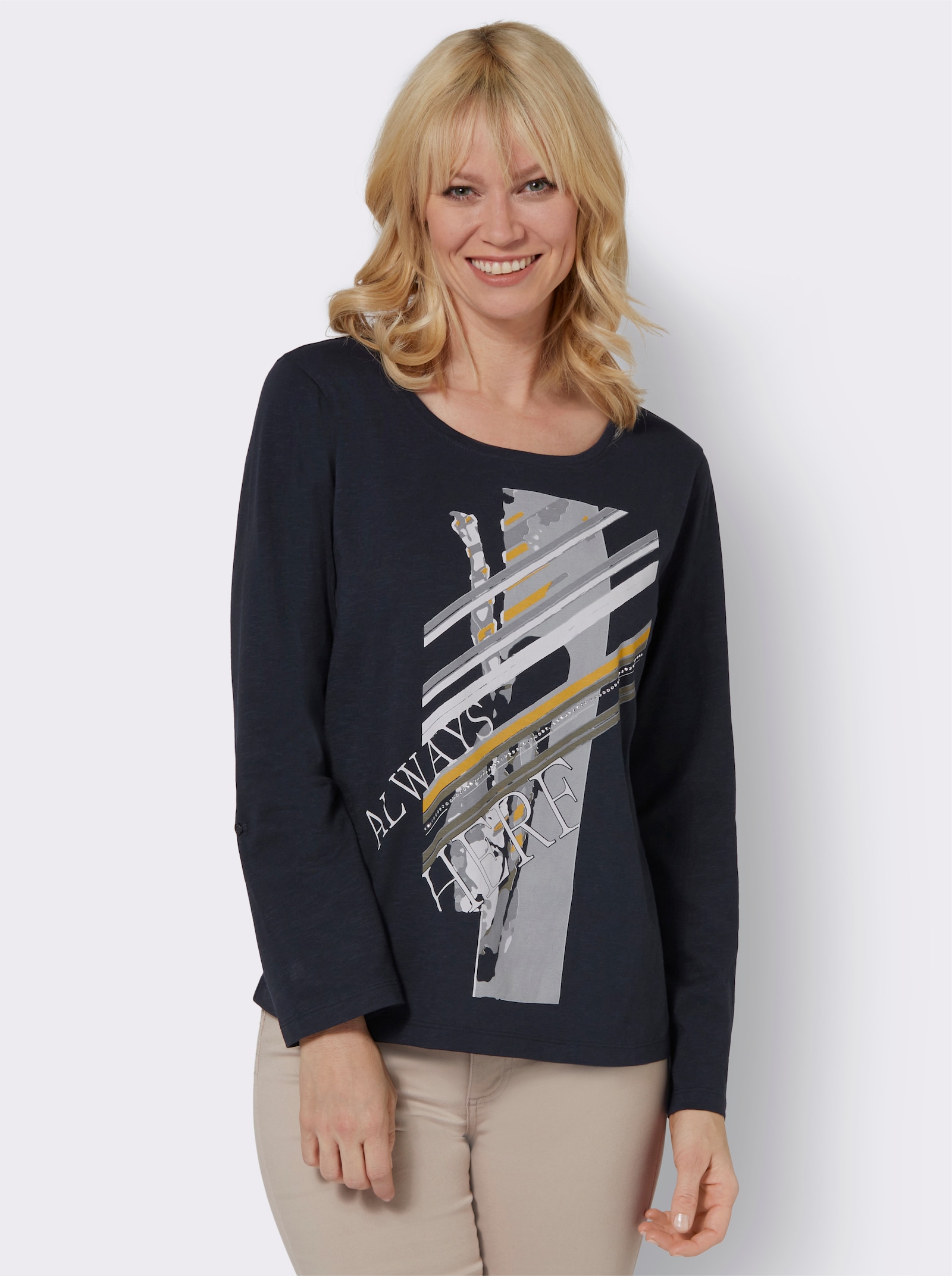 Langarmshirt mit Glitzersteinchen-Verzierung - marine-weiß-bedruckt