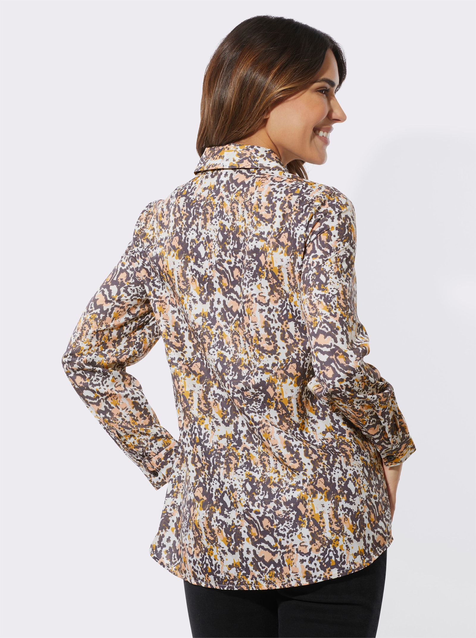 Longbluse in ausgestellter Form - ecru-anthrazit-bedruckt