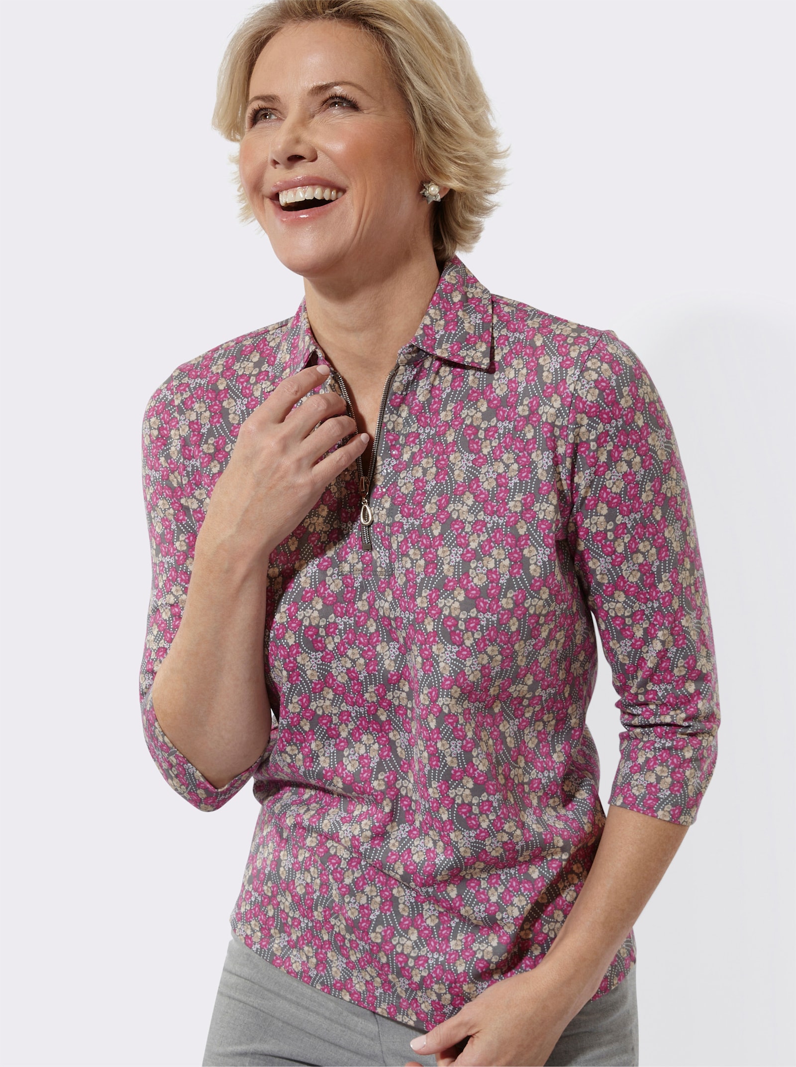 Poloshirt mit Glitzersteinchen - anthrazit-rosé-bedruckt