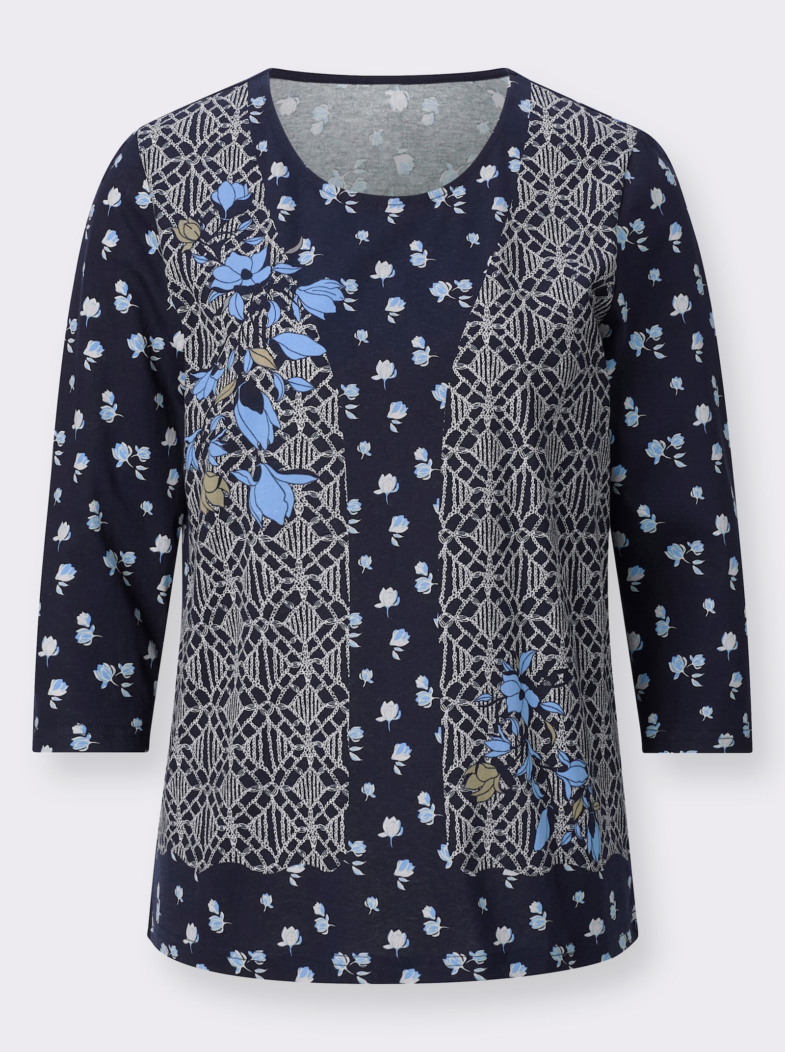 Rundhalsshirt in 2-in-1-Optik - marine-champagner-bedruckt