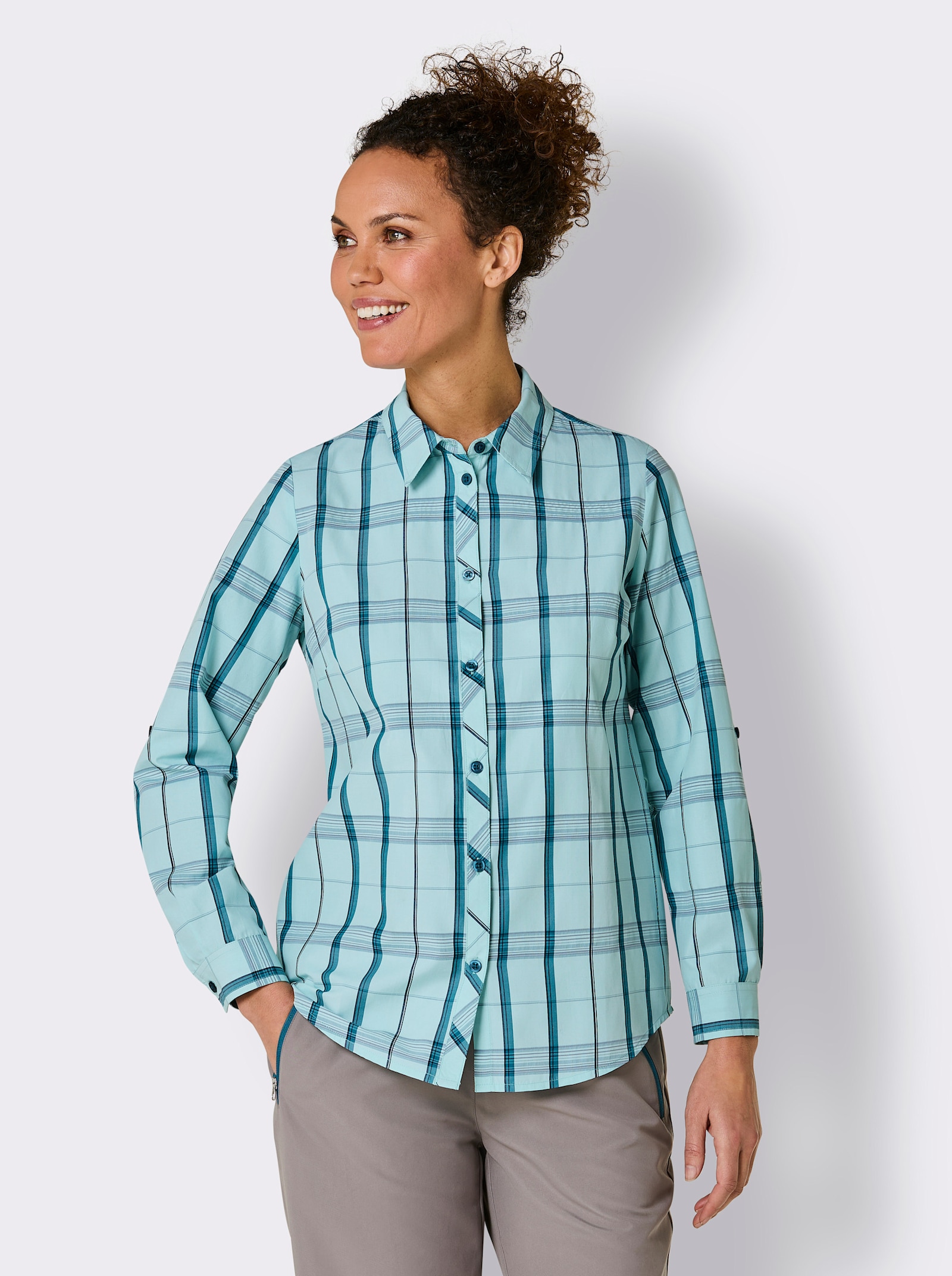 Catamaran Sports Blusenshirt mit Krempelärmeln. - mint-kariert