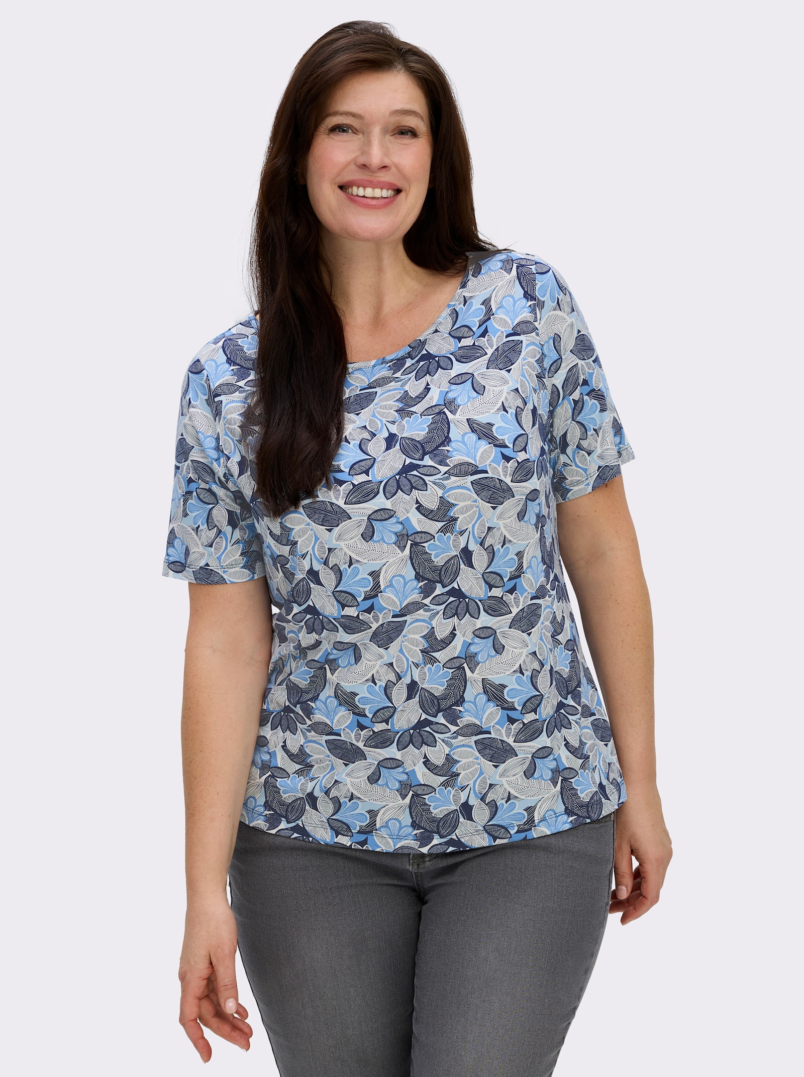 Print-Shirt mit paspeliertem U-Boot-Ausschnitt - hellblau-marine-bedruckt