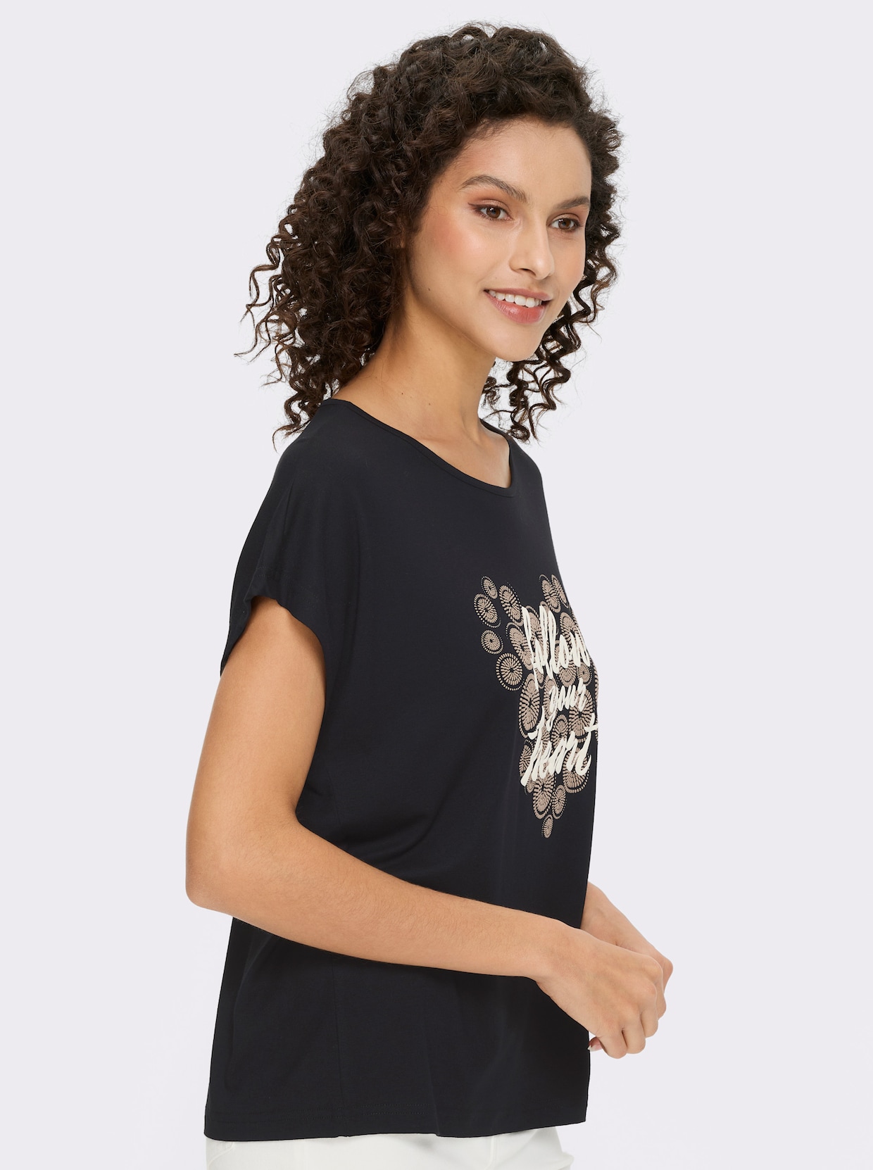heine Kurzarmshirt - schwarz-beige-bedruckt