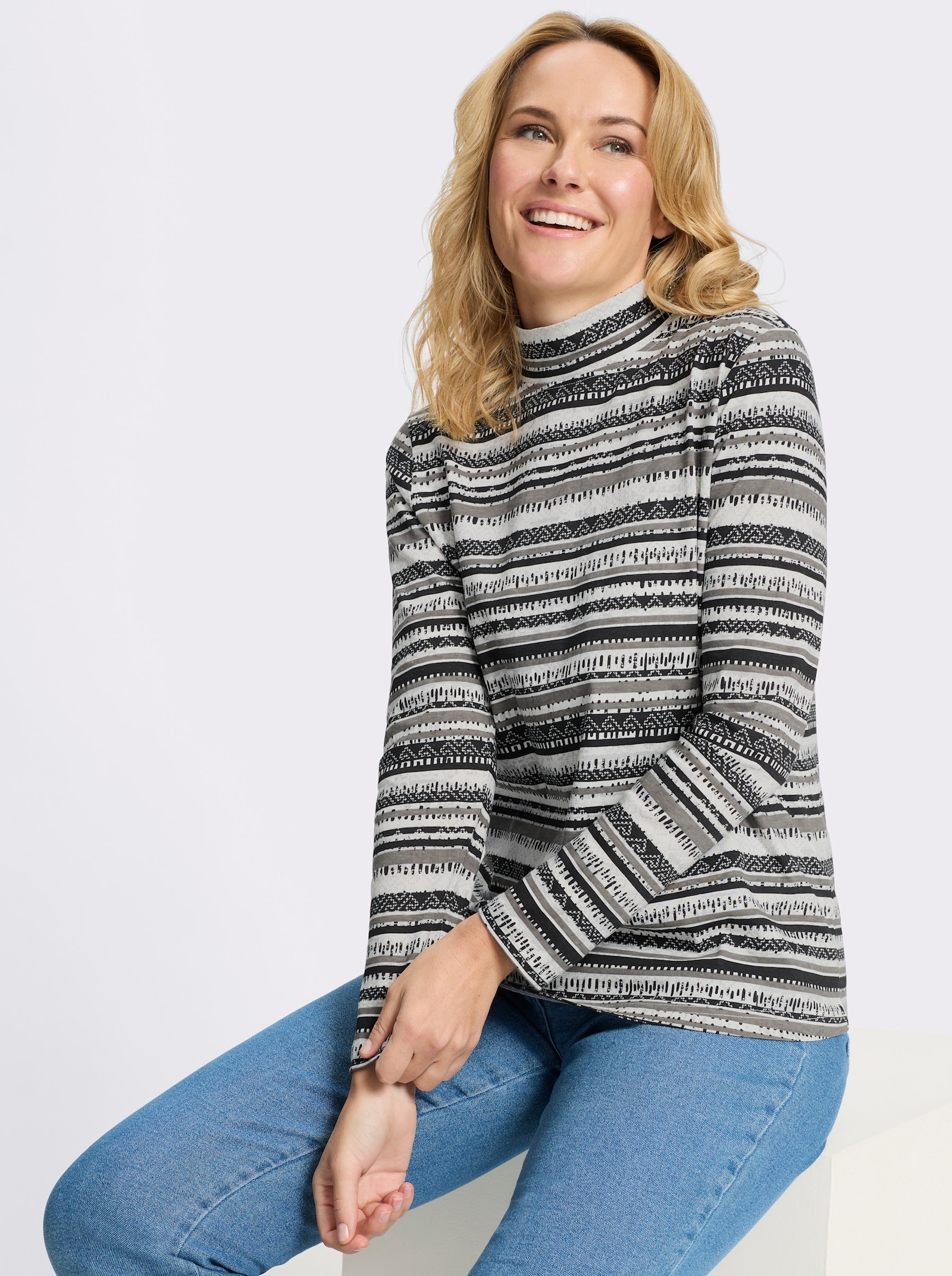 Stehkragenshirt mit Ethno-Druck - schwarz-ecru-bedruckt