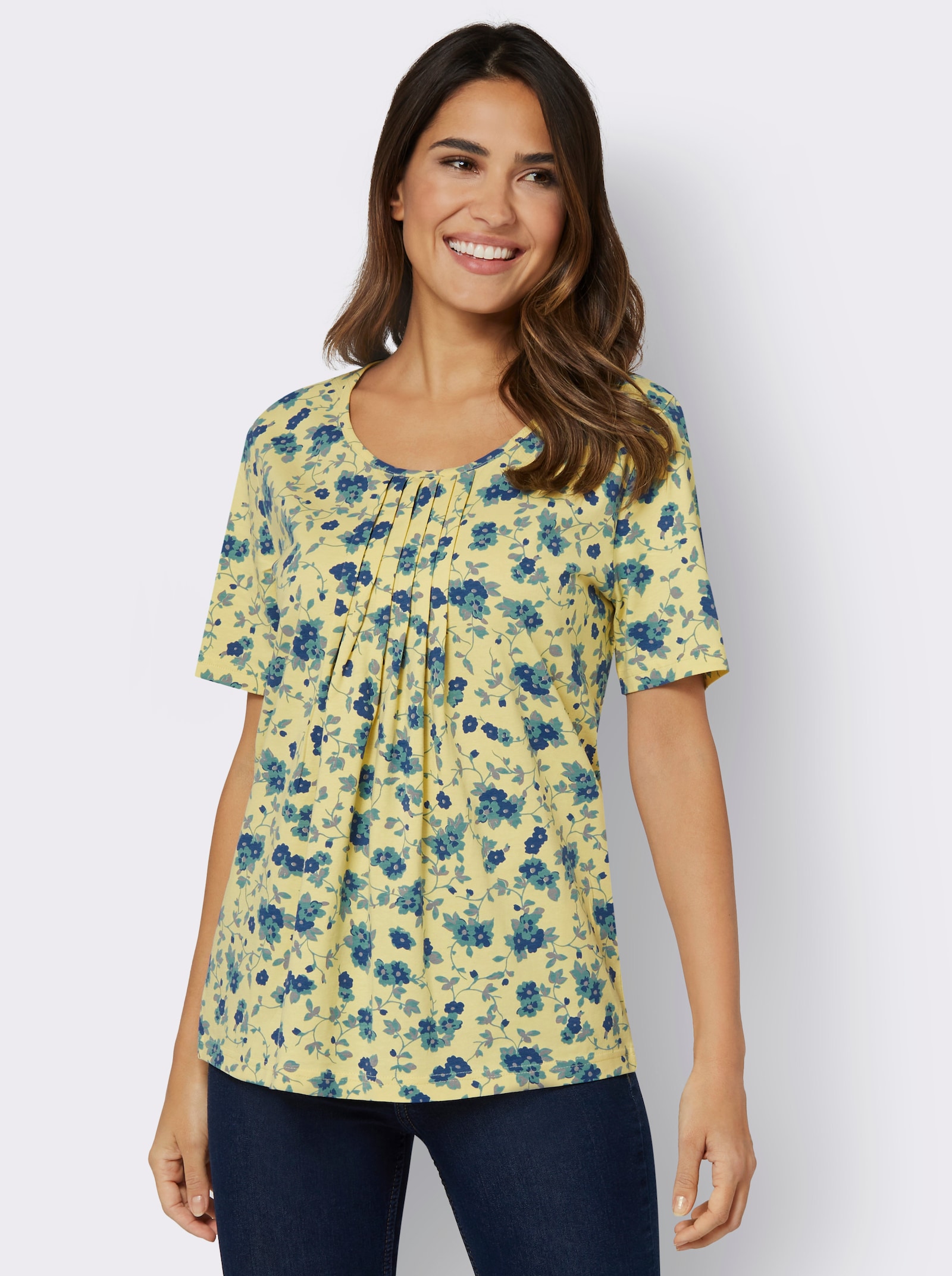 Kurzarmshirt mit Falten im Vorderteil - zitrone-bedruckt