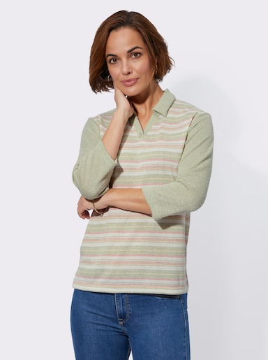 Poloshirt in Bouclé-Qualität - lindgrün-flamingo-geringelt