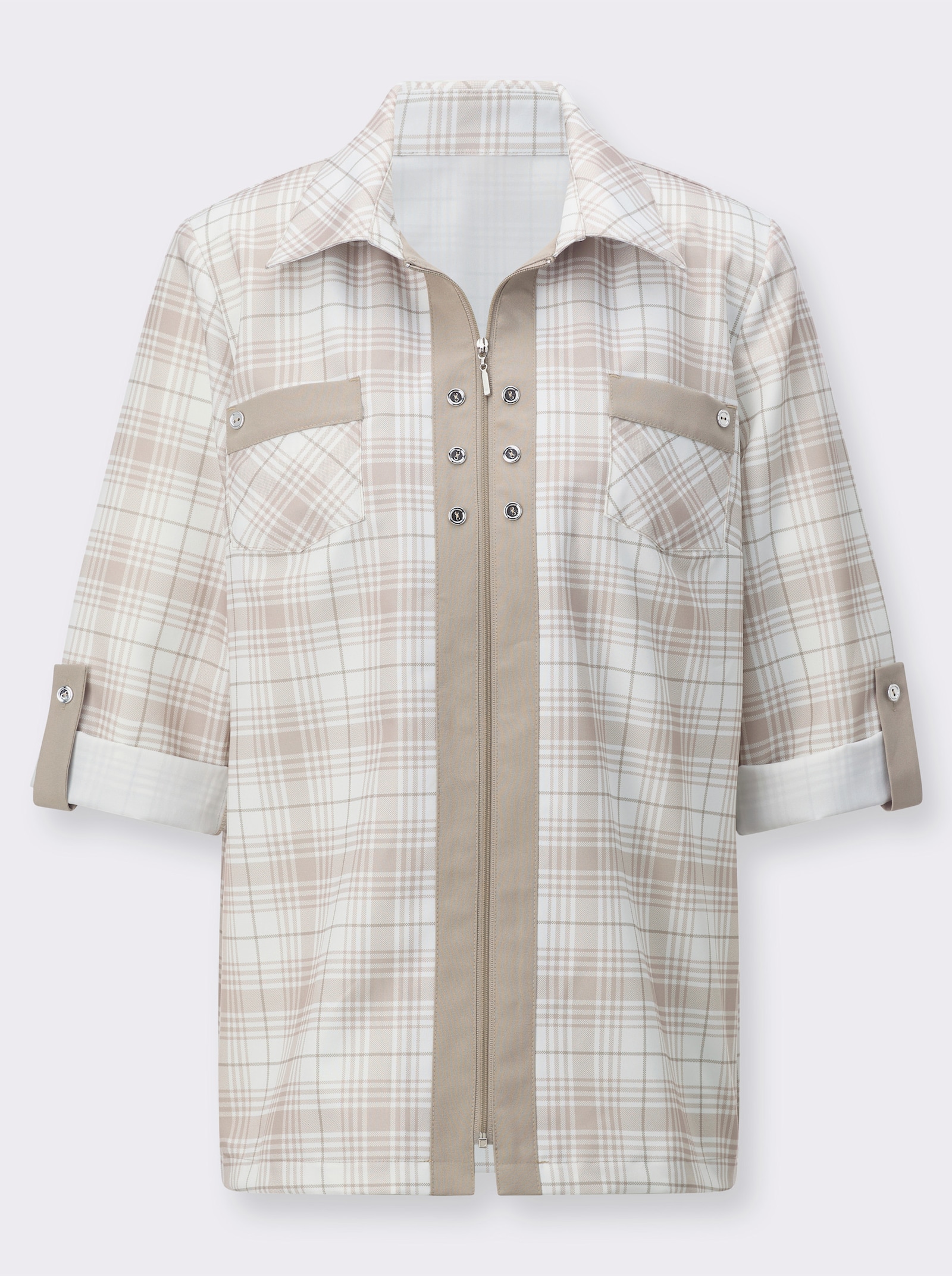Blusenjacke mit kontrastfarbigen Blenden - beige-schlamm-kariert