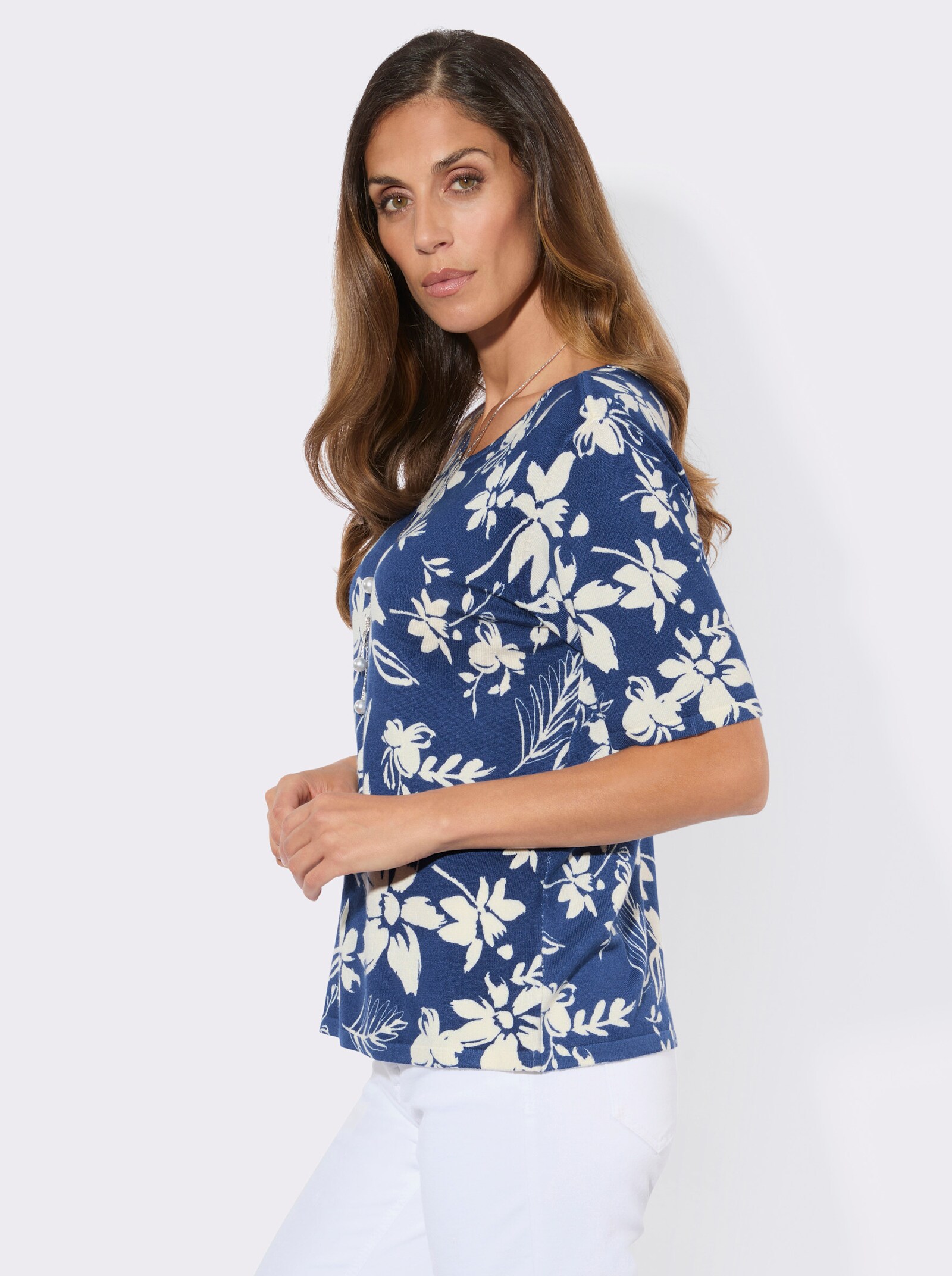 Kurzarmpullover mit floralem Druck - champagner-royalblau-bedruckt
