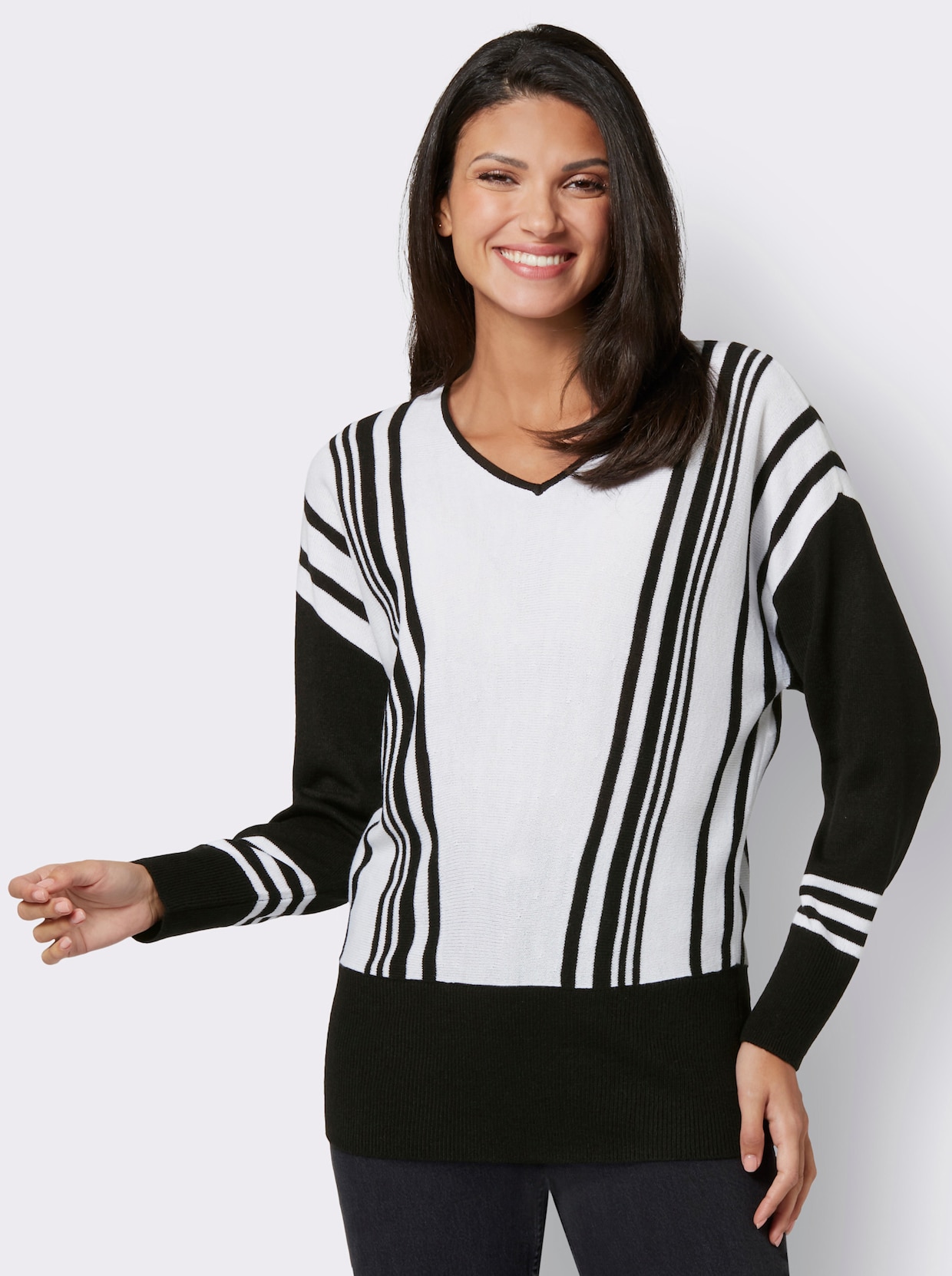 Pullover met V-hals - wit/zwart gestreept