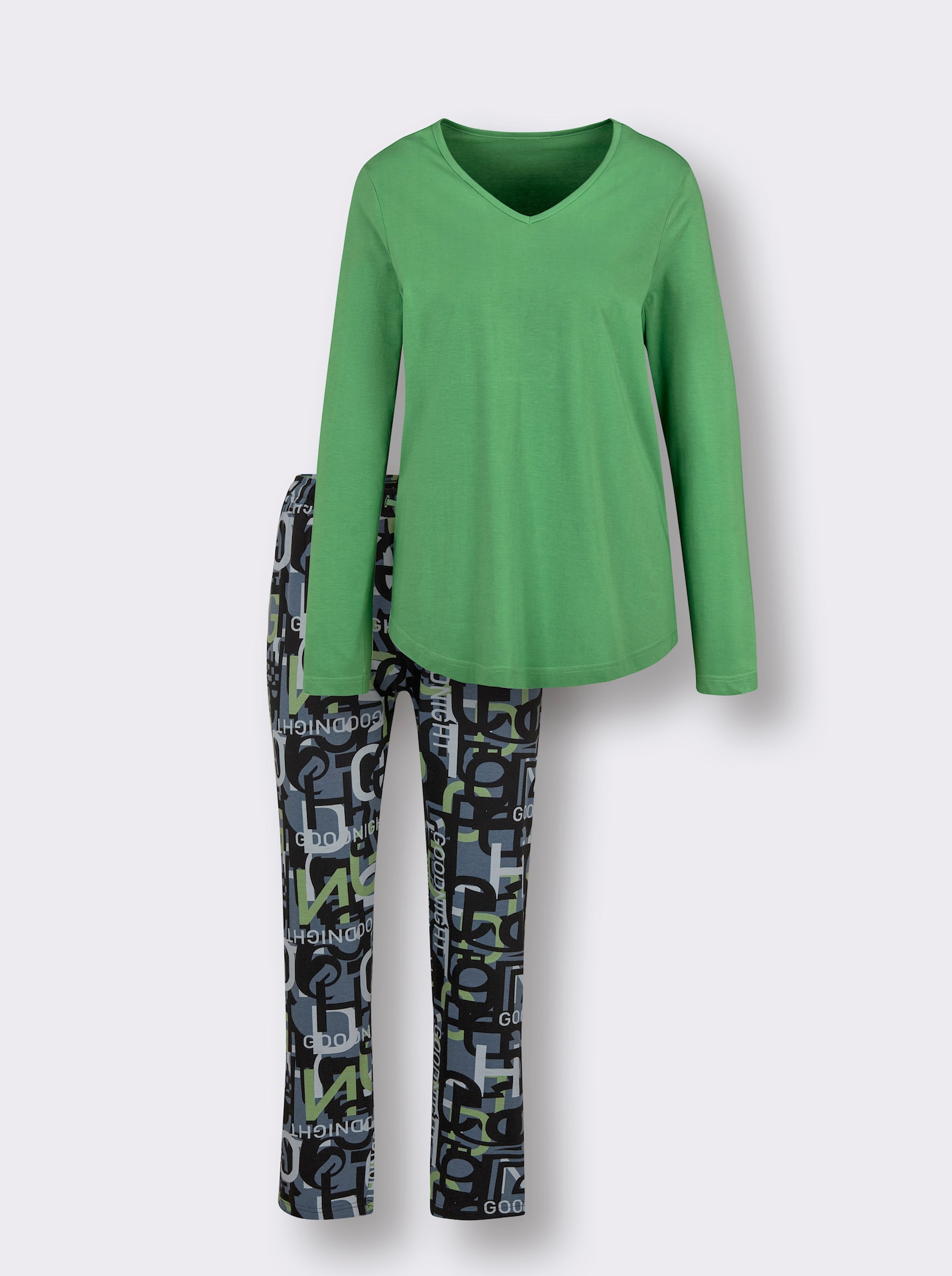 wäschepur Schlafanzug mit V-Ausschnitt - schwarz-apfel-bedruckt