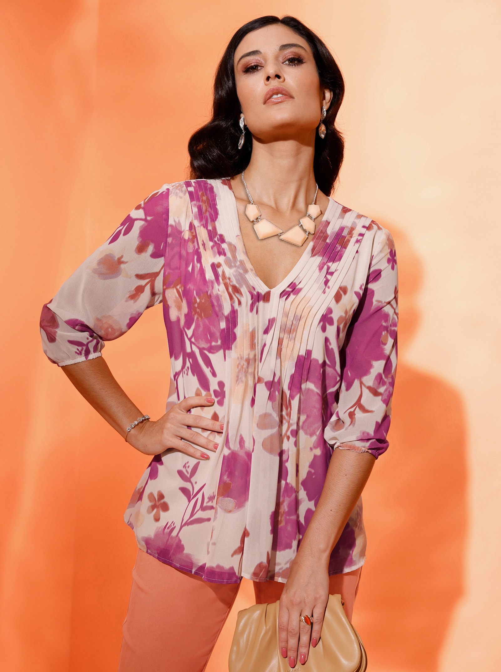 Georgettebluse in A-Form - elfenbein-fuchsia-bedruckt