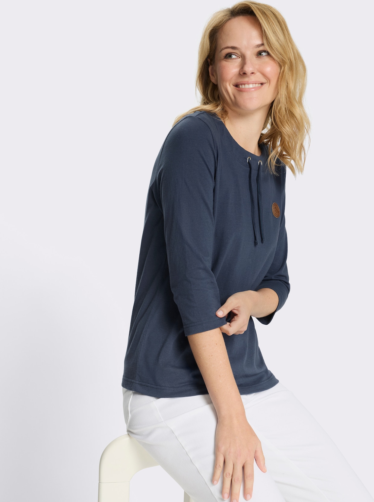 3/4-Arm-Shirt mit Tunnelzug am Rundhals-Ausschnitt - dunkelblau