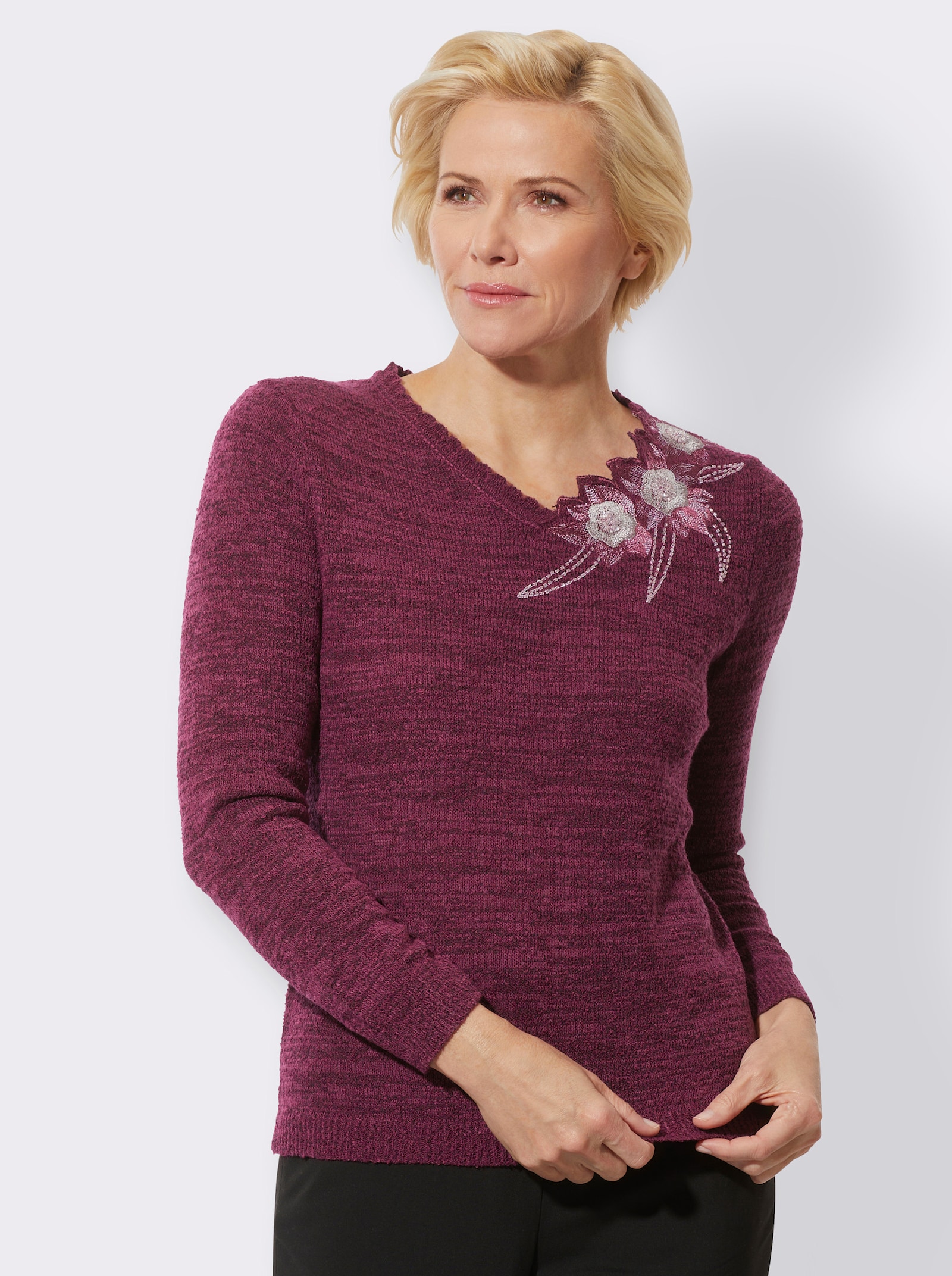 Pullover met lange mouwen en met bloemenapplicatie bij de hals - heide/zwart gemêleerd