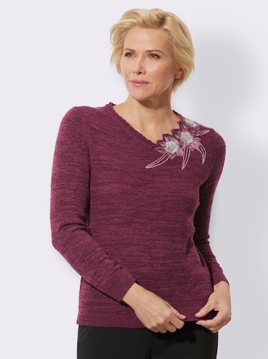 Langarm-Pullover mit Blüten-Applikation am Ausschnitt - erika-schwarz-meliert
