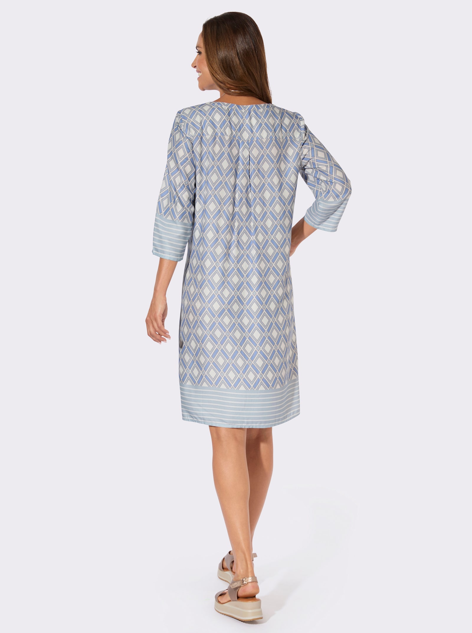 A-Linien-Kleid mit Falte vorne und hinten - himmelblau-ecru-bedruckt