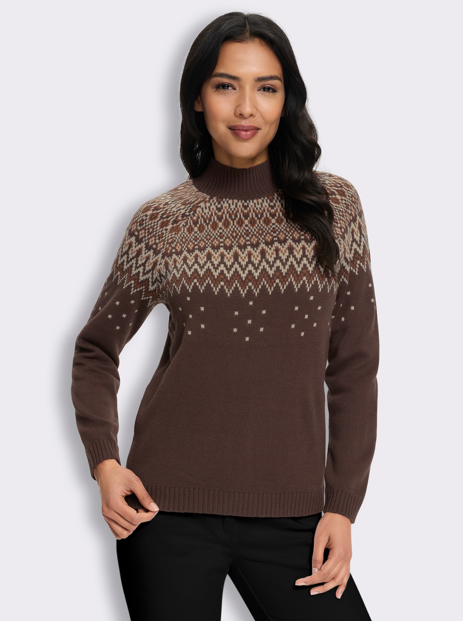Stehkragenpullover im Norwegermuster - schoko-camel-gemustert