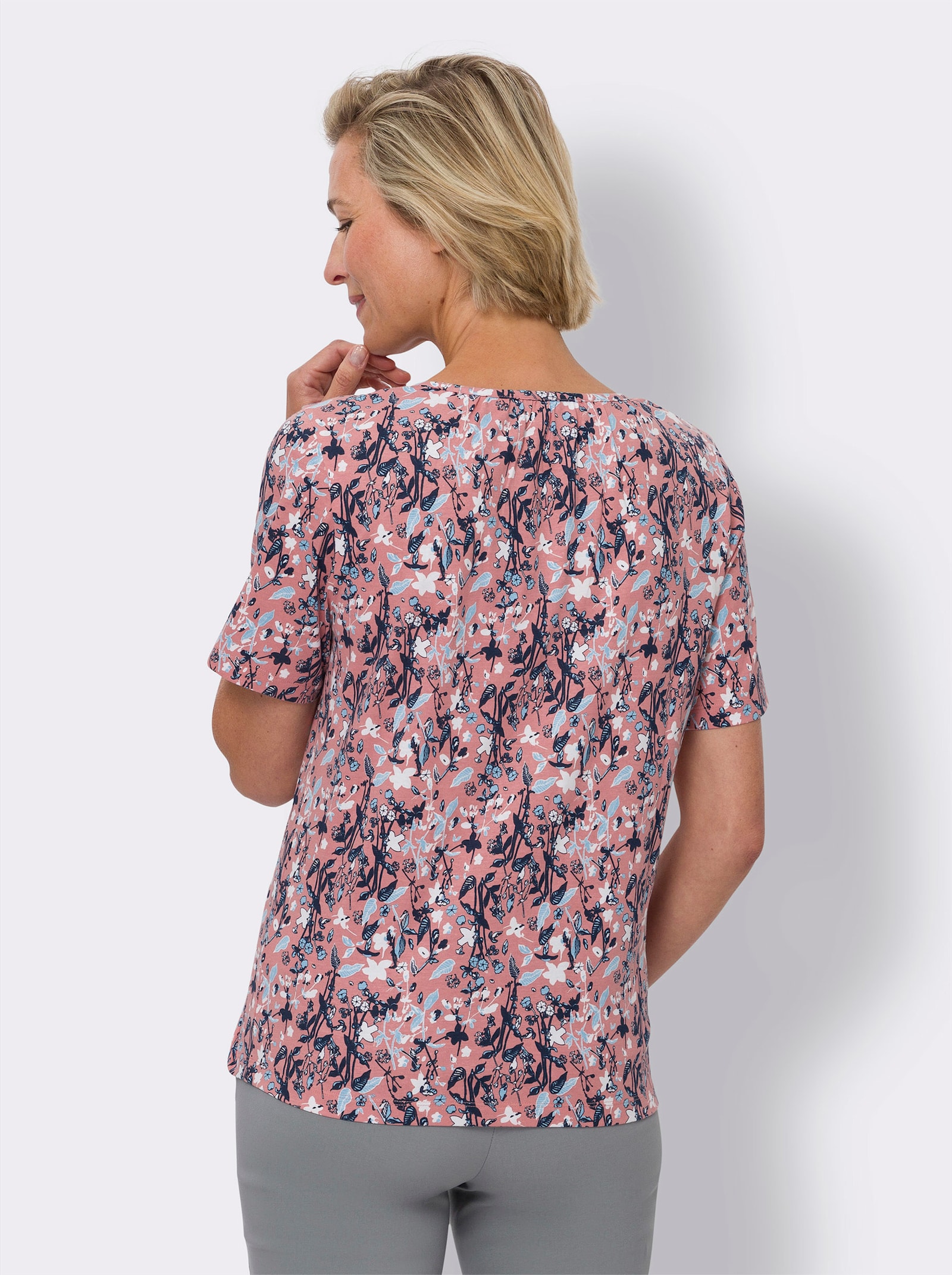 Kurzarmshirt im floralen Dessin - flamingo-dunkelblau-bedruckt