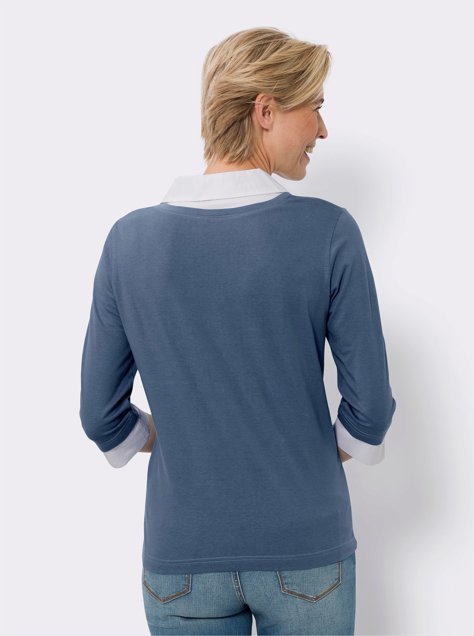 2-in-1-shirt met geweven inzet - jeansblauw