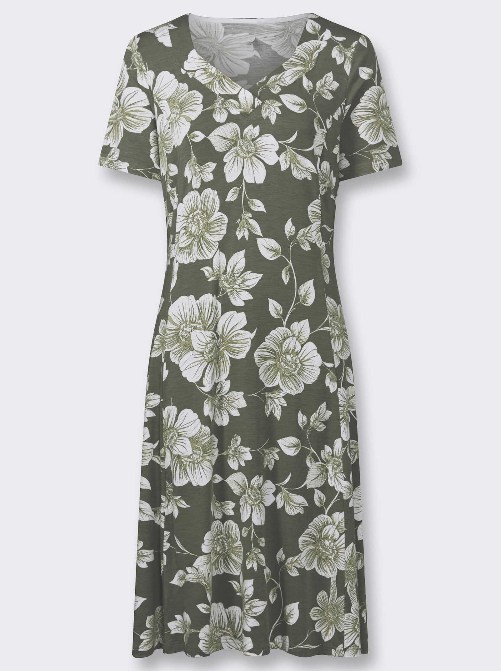 Jerseykleid in A-Linie - khaki-weiß-bedruckt