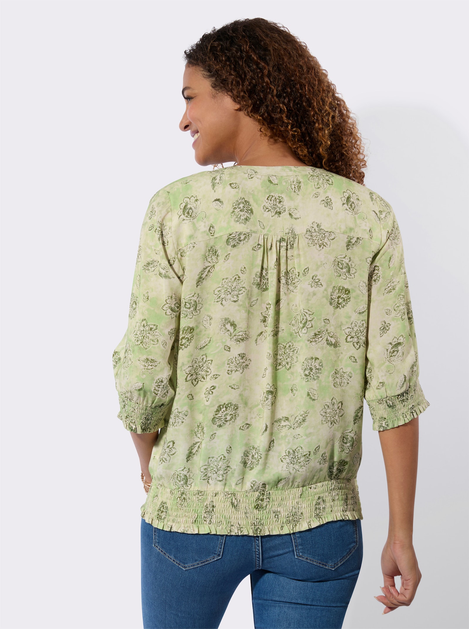 Druckbluse mit gesmokten Abschlüssen - lindgrün-bedruckt