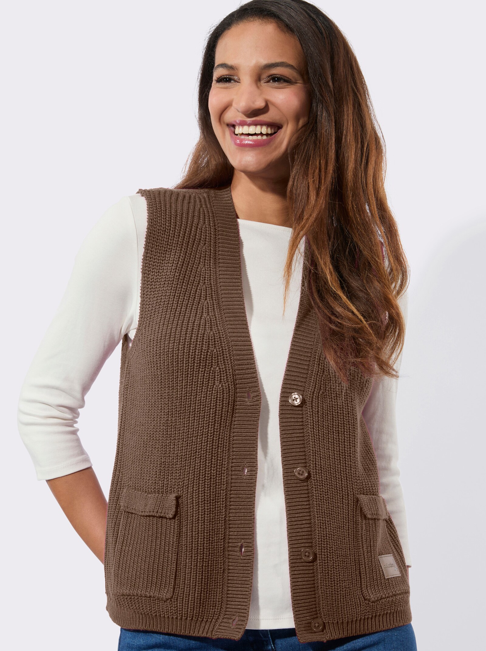 Strickweste mit Ripp-Abschlüssen - braun