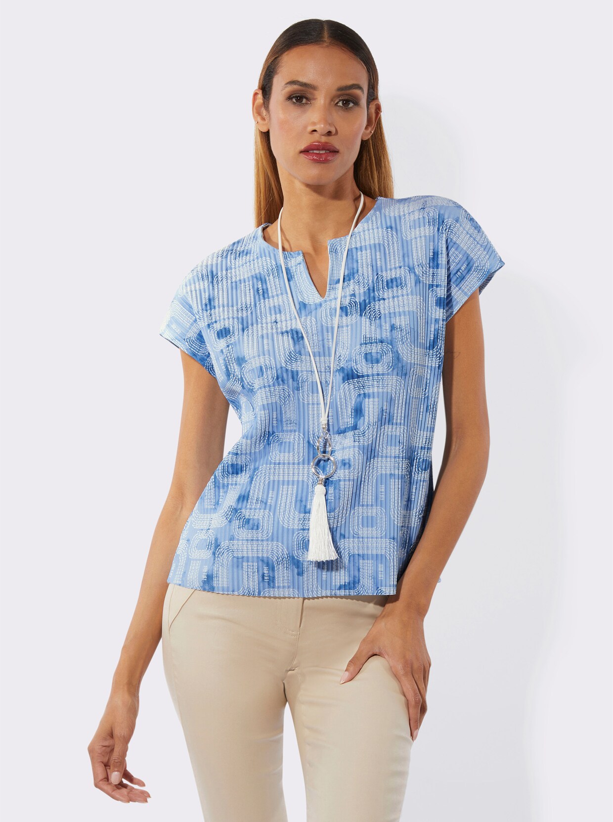 Plissee-Shirt - himmelblau-ecru-bedruckt