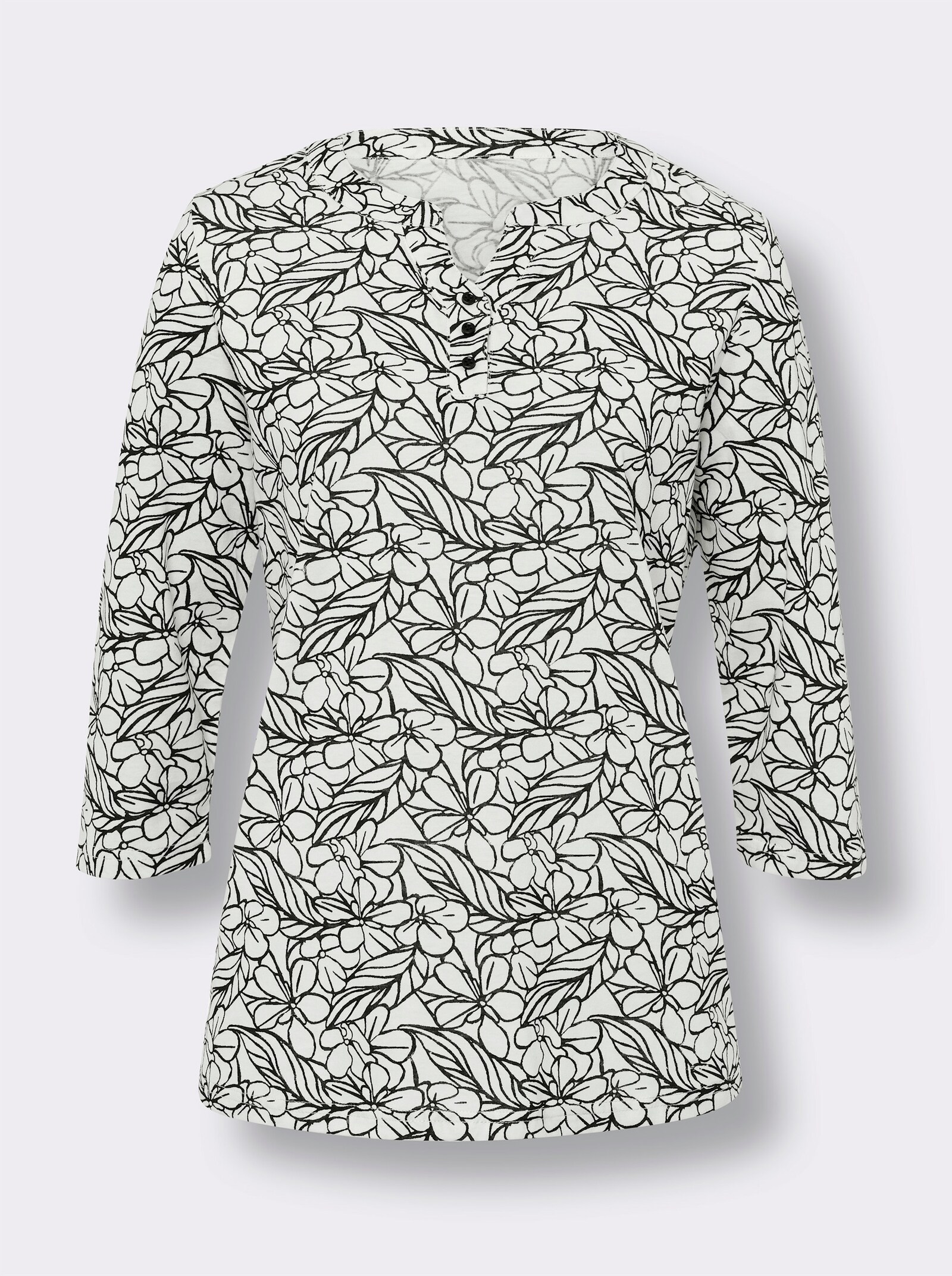 Tričko s 3/4 ruk. s kvet. vzorom - svetlobéžovo-čierna potlač