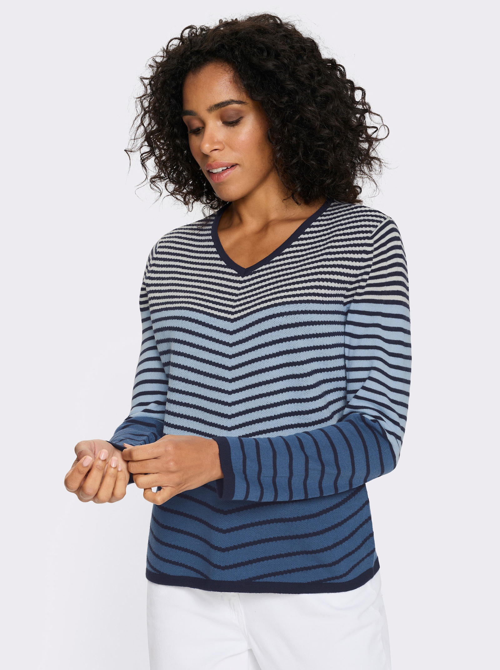 Langarm-Pullover mit Ringel-Muster, Jacquard - jeansblau-marine-geringelt