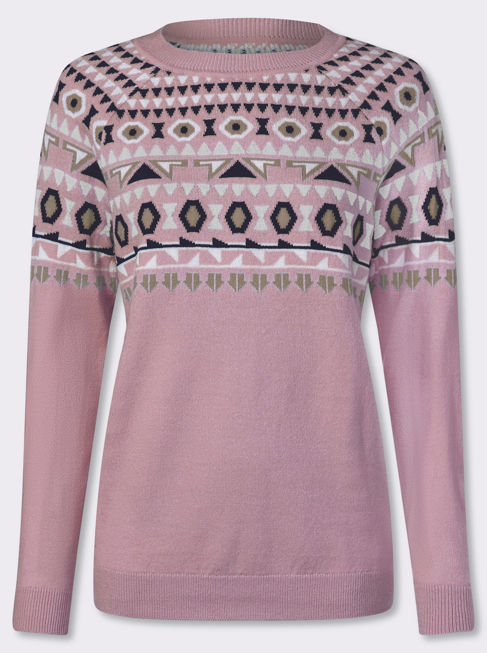 Norwegerpullover mit Raglanärmeln - mauve-ecru-gemustert