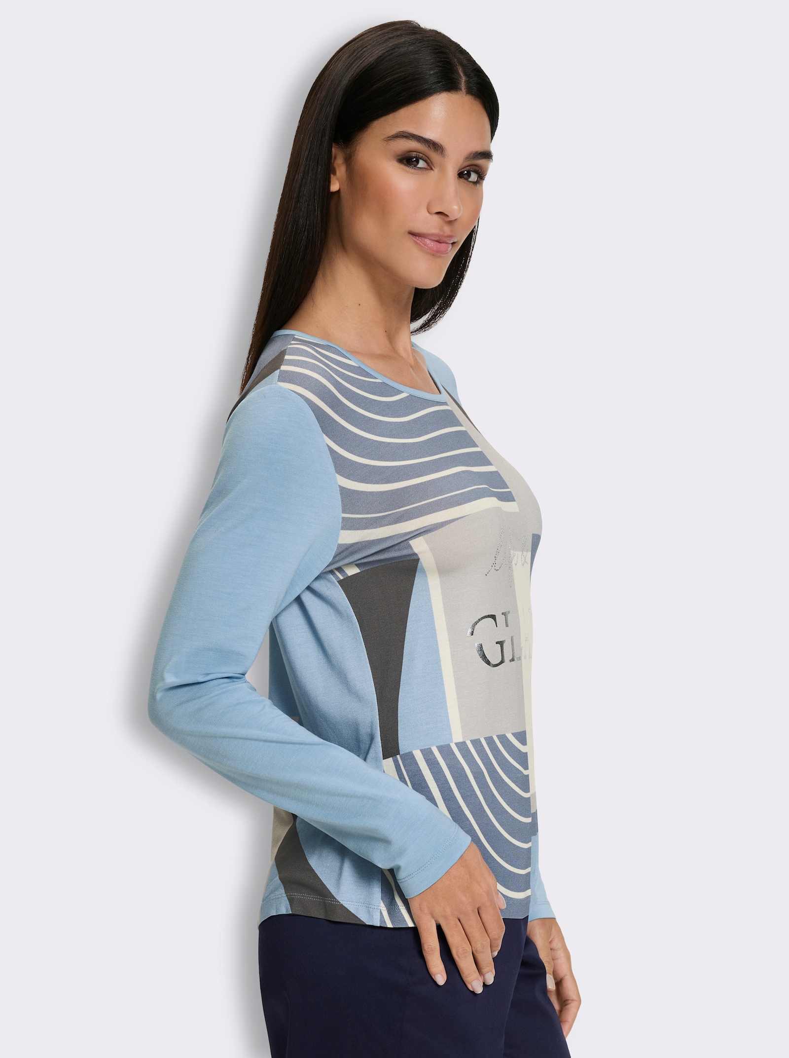 heine Langarmshirt mit Glitzersteinchen - eisblau-hellgrau-bedruckt