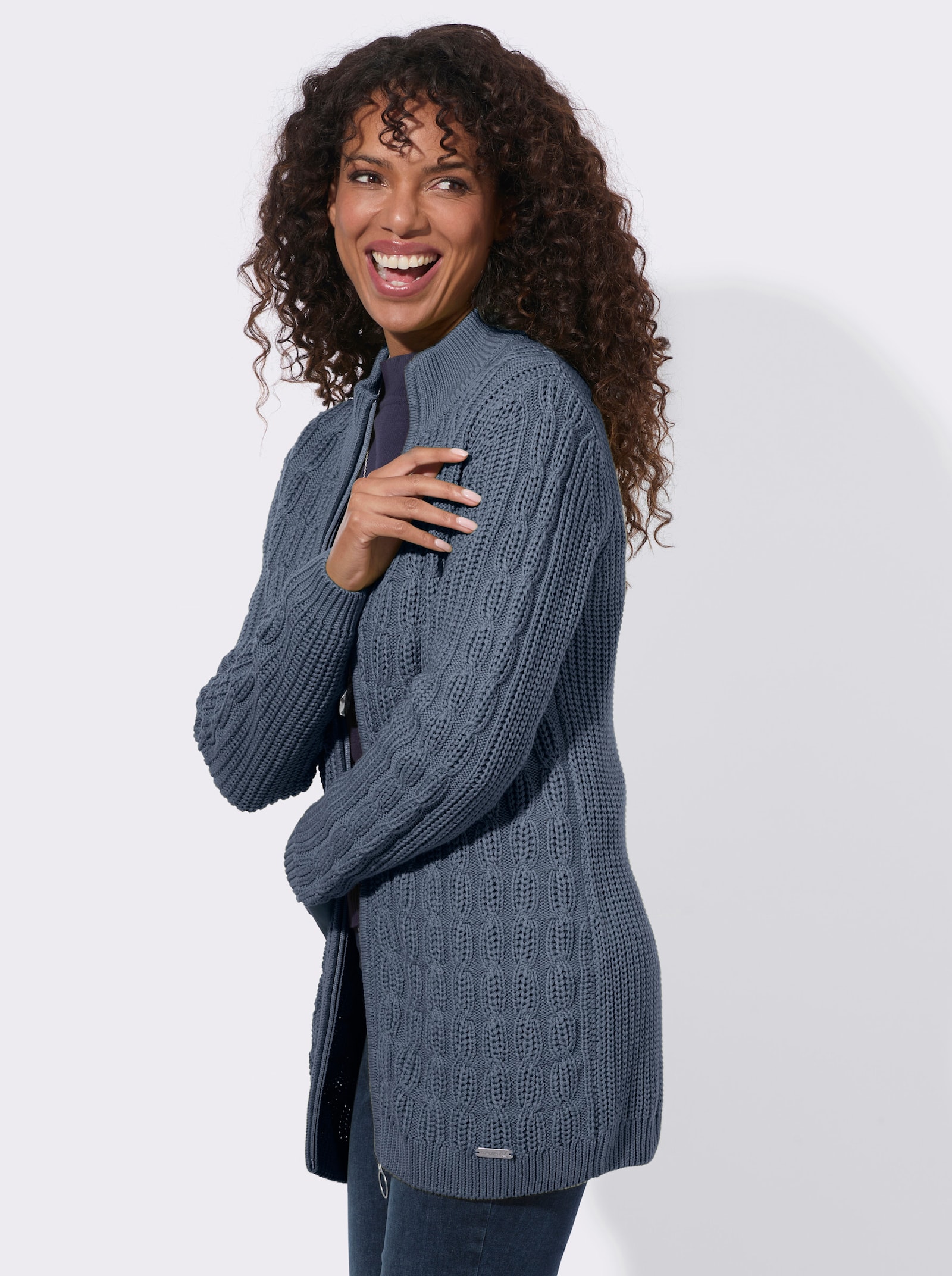  Longstrickjacke mit Zopfmuster - rauchblau