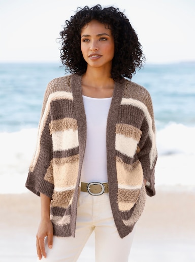heine Cardigan van ajourtricot - donkertaupe/ecru gestreept