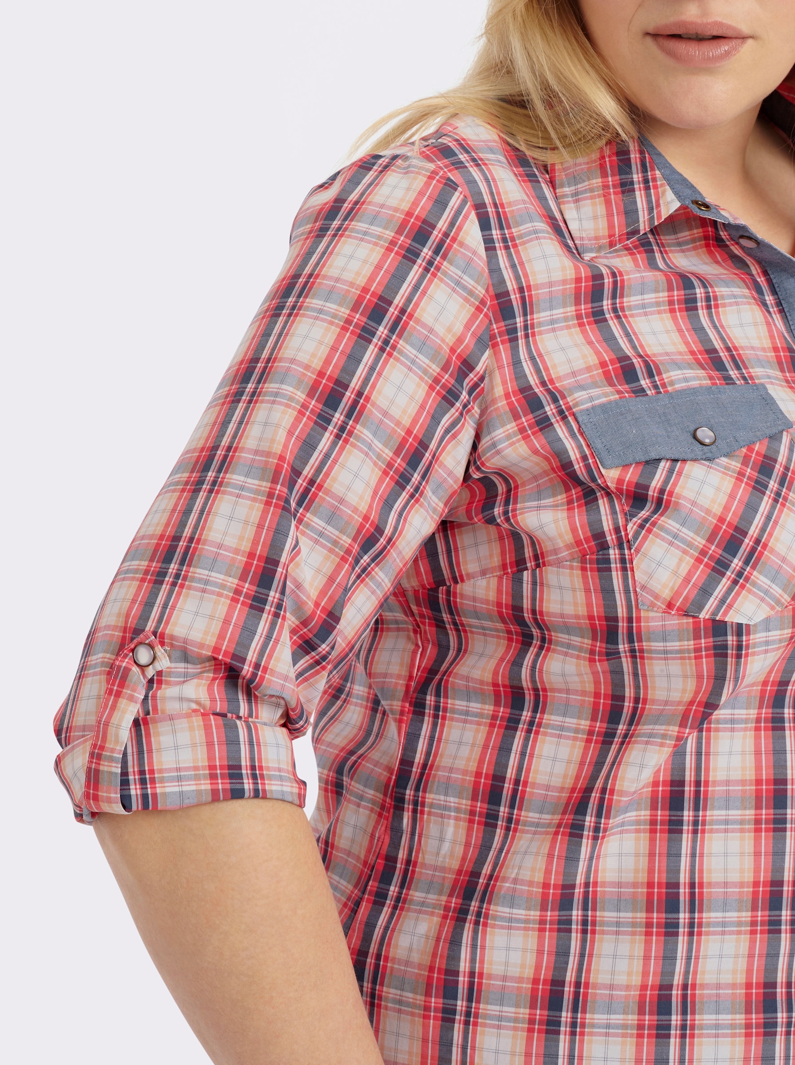 Karobluse mit aufgesetzten Brusttaschen - hummer-weiß-kariert