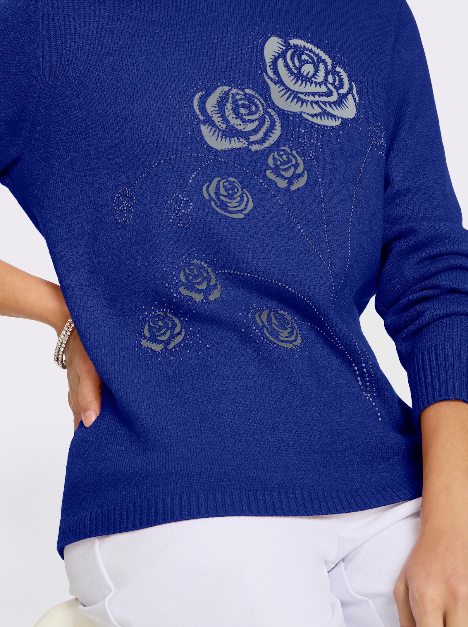 Rundhalspullover mit Flockprint - royalblau