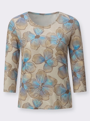 Rundhalsshirt mit Blütendruck rundum - sand-bleu-bedruckt