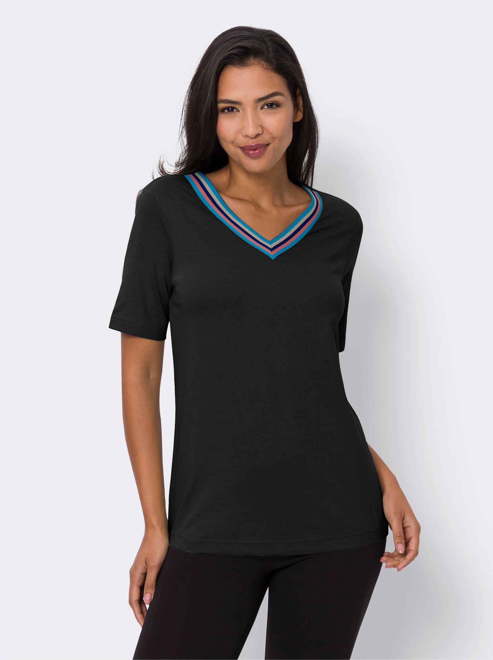 Freizeitshirt mit gestreiftem Zierband - schwarz