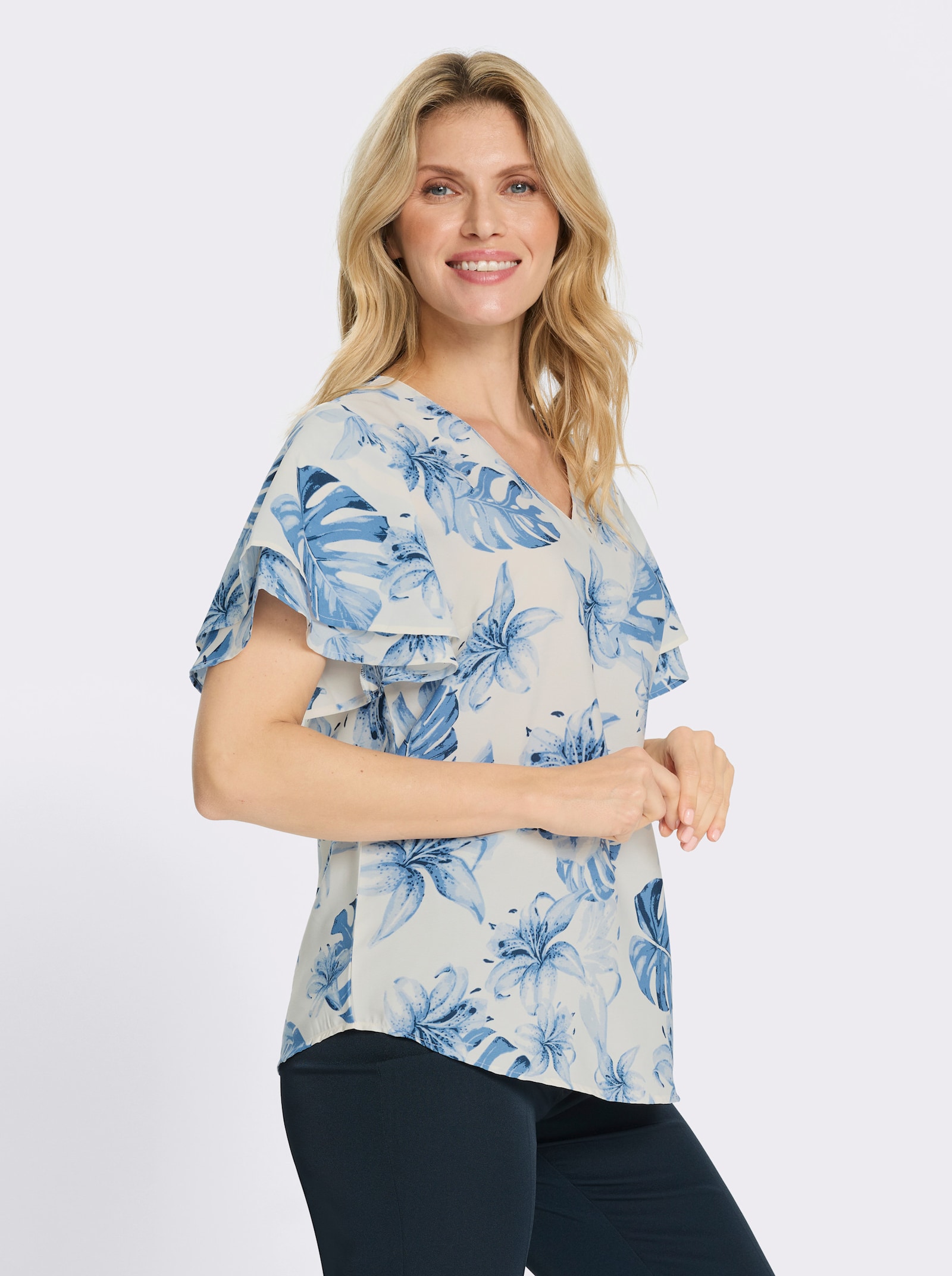 Kurzarm-Bluse in pflegeleichter Qualität - eisblau-champagner-bedruckt