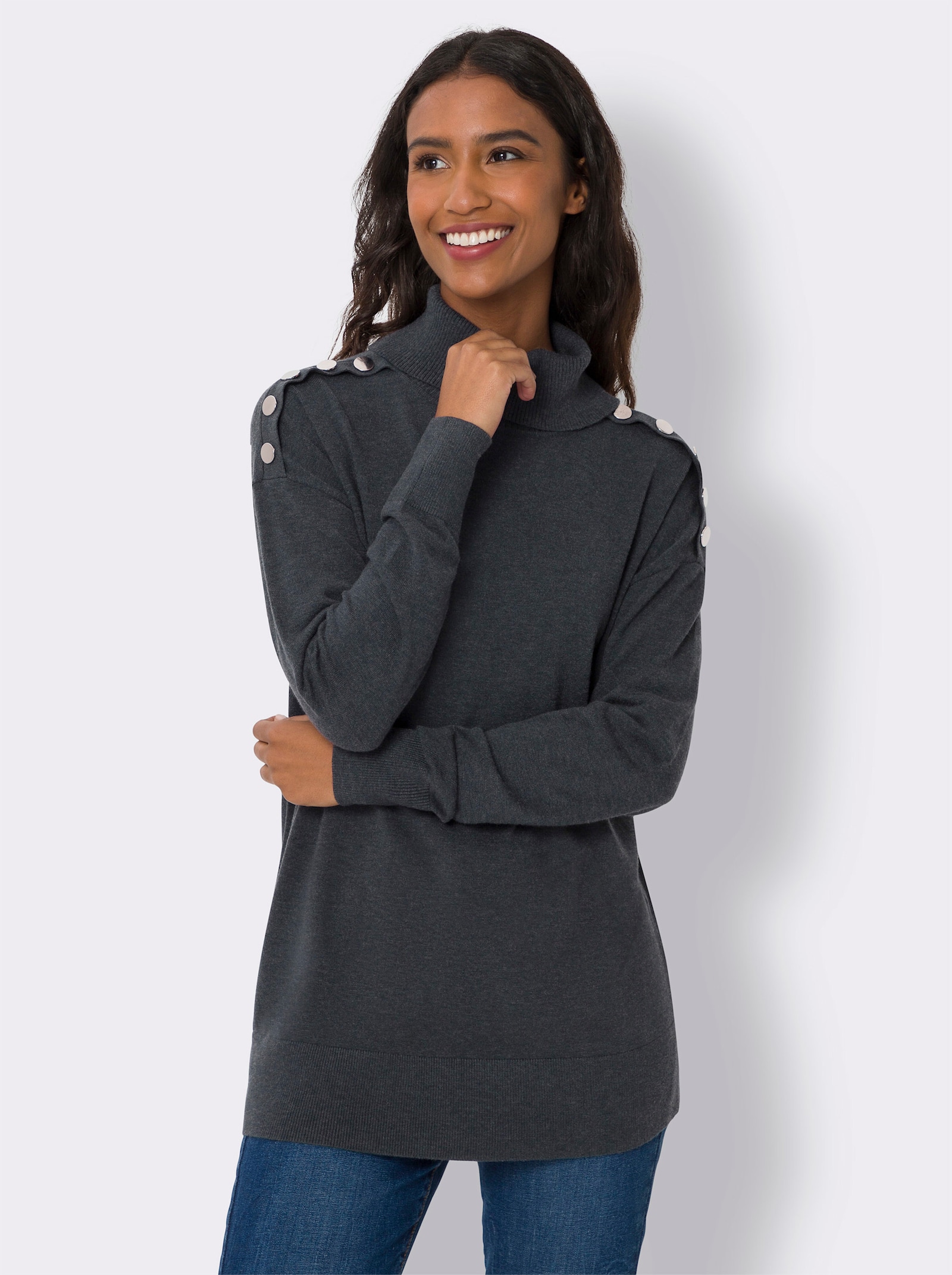 heine Rollkragenpullover mit Zierknöpfen an der Schulter - anthrazit-meliert