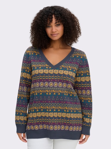 sheego Pullover im Jacquard-Muster - rauchblau-gemustert