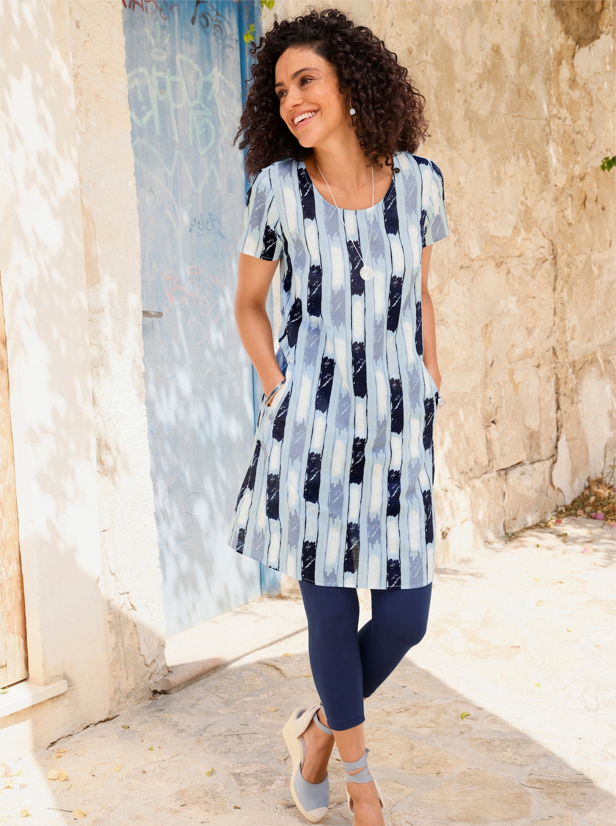 Druckkleid - taubenblau-ecru