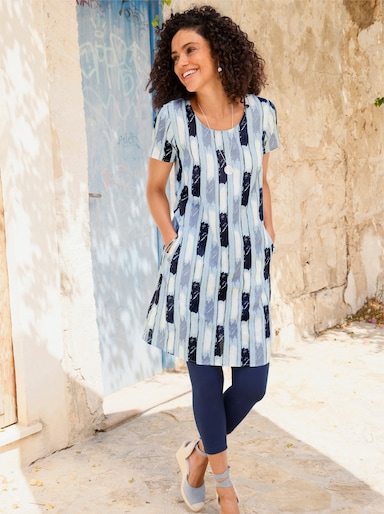 Druckkleid - taubenblau-ecru