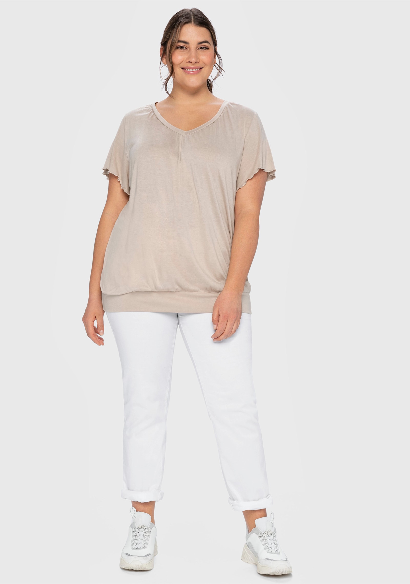 sheego T-shirt met brede band en vleermuismouwen - beige