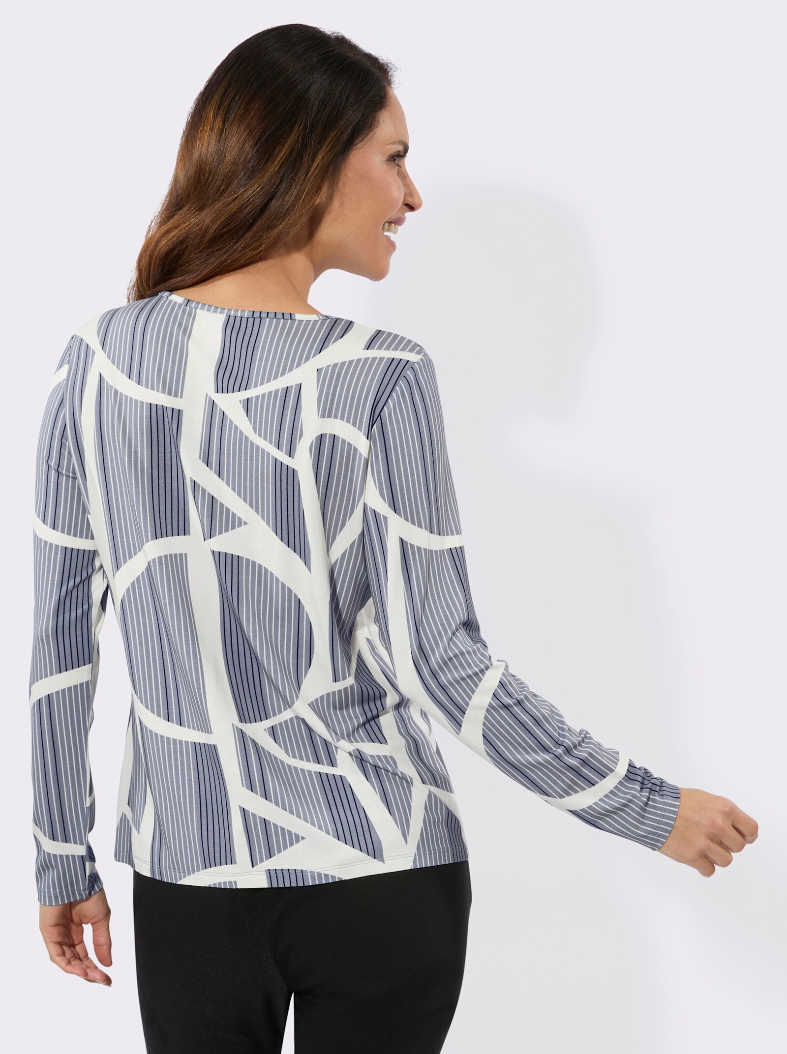 Rundhalsshirt mit Grafik-Muster - taubenblau-ecru-bedruckt