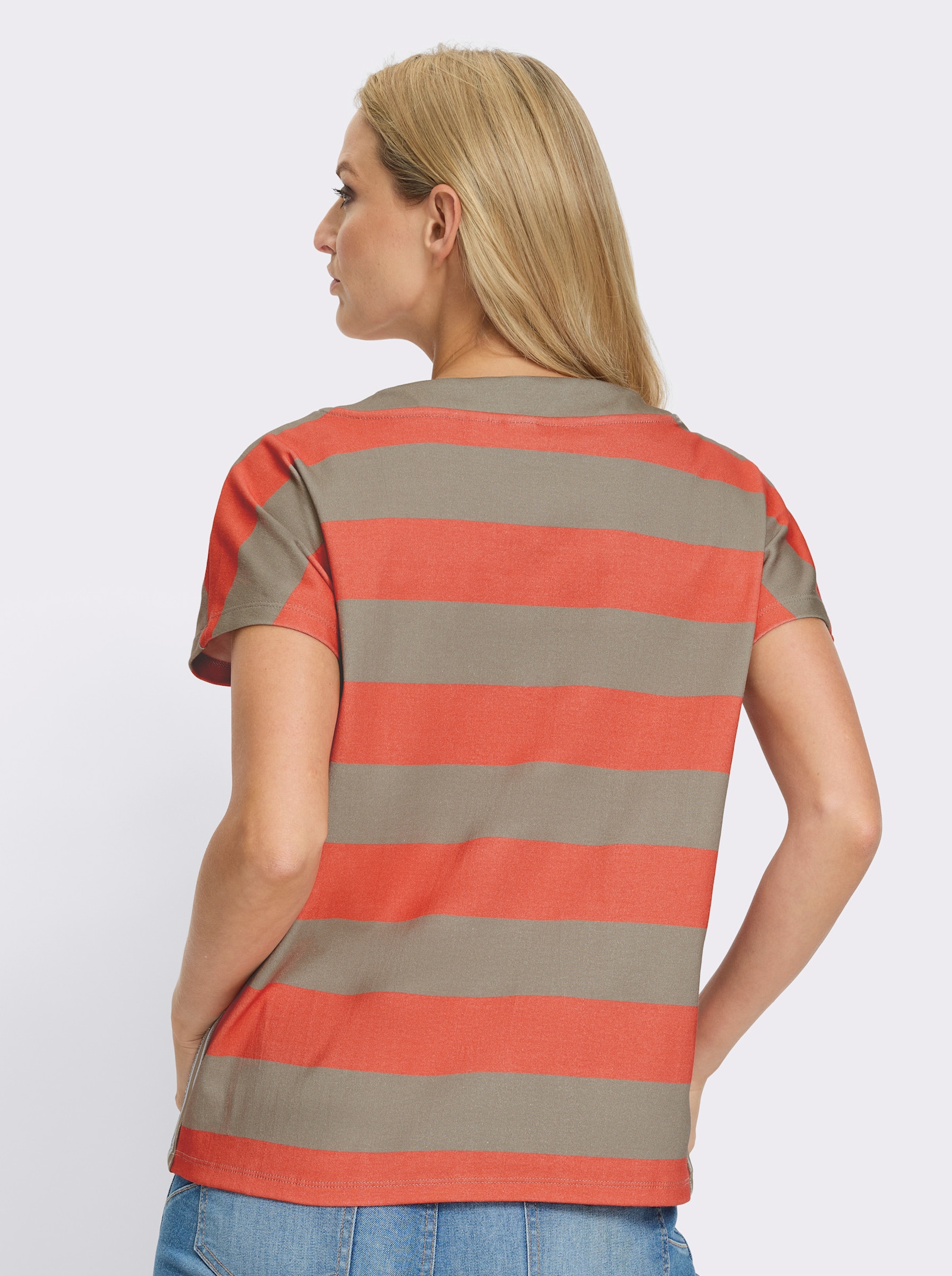 heine T-Shirt mit Glitzerdruck - koralle-sesam-geringelt