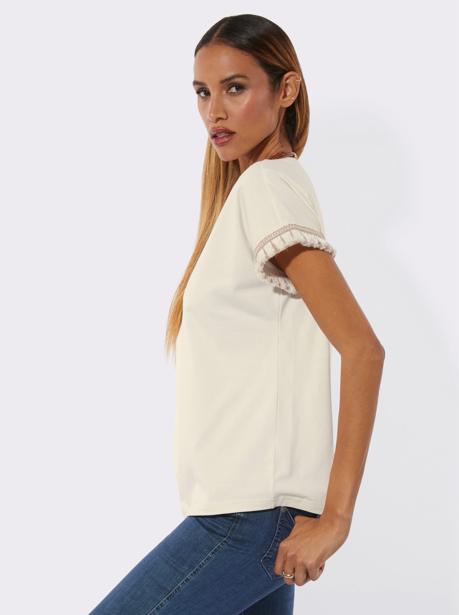 Rundhalsshirt im Baumwoll-Stretch - champagner