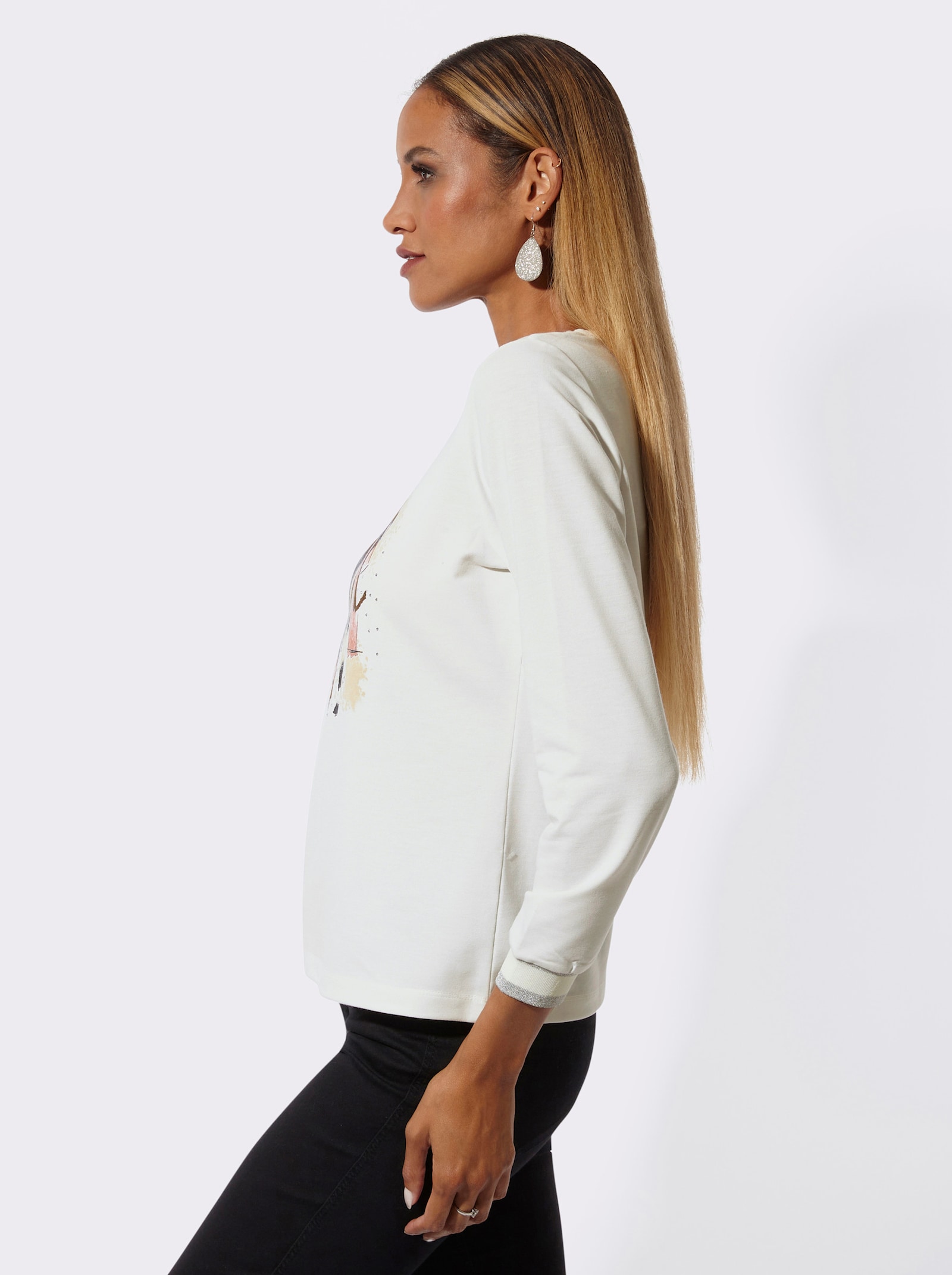 Langarmshirt mit Ziersteinchen - ecru-rosenholz-bedruckt