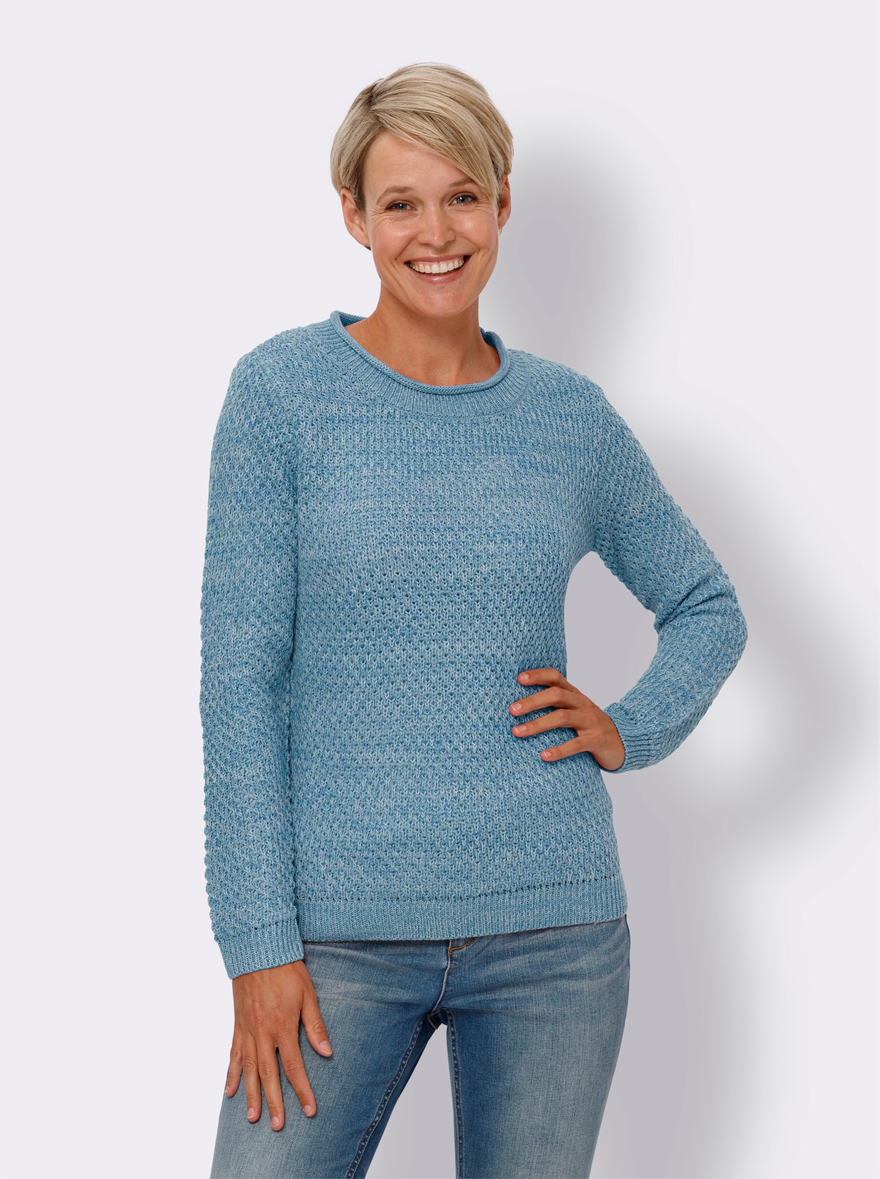 Pullover met ronde hals - lichtblauw/ecru gedessineerd